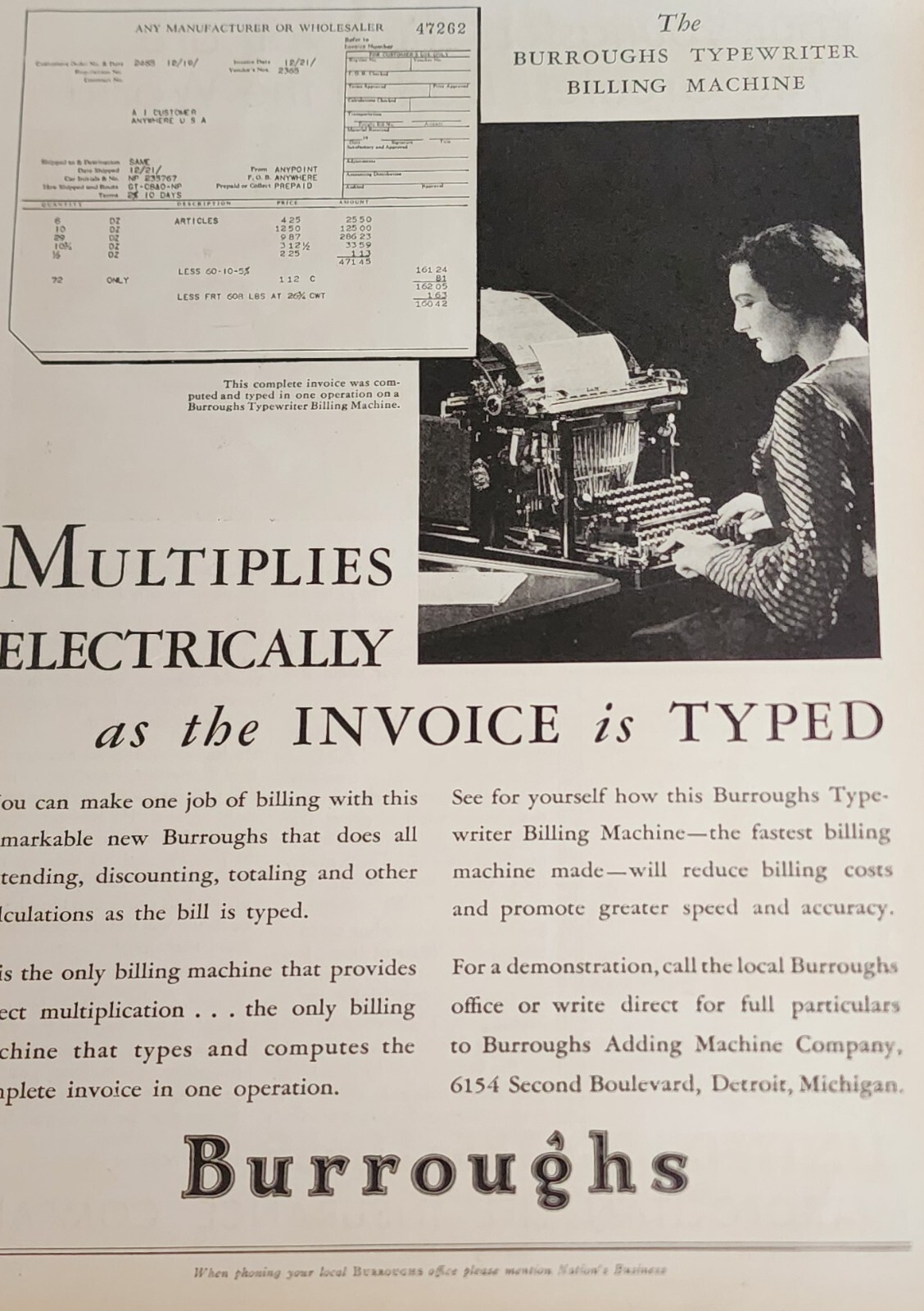 Burroughs Adding Machine Picture Magazine Ad Vtg Print Invoices Wall Art