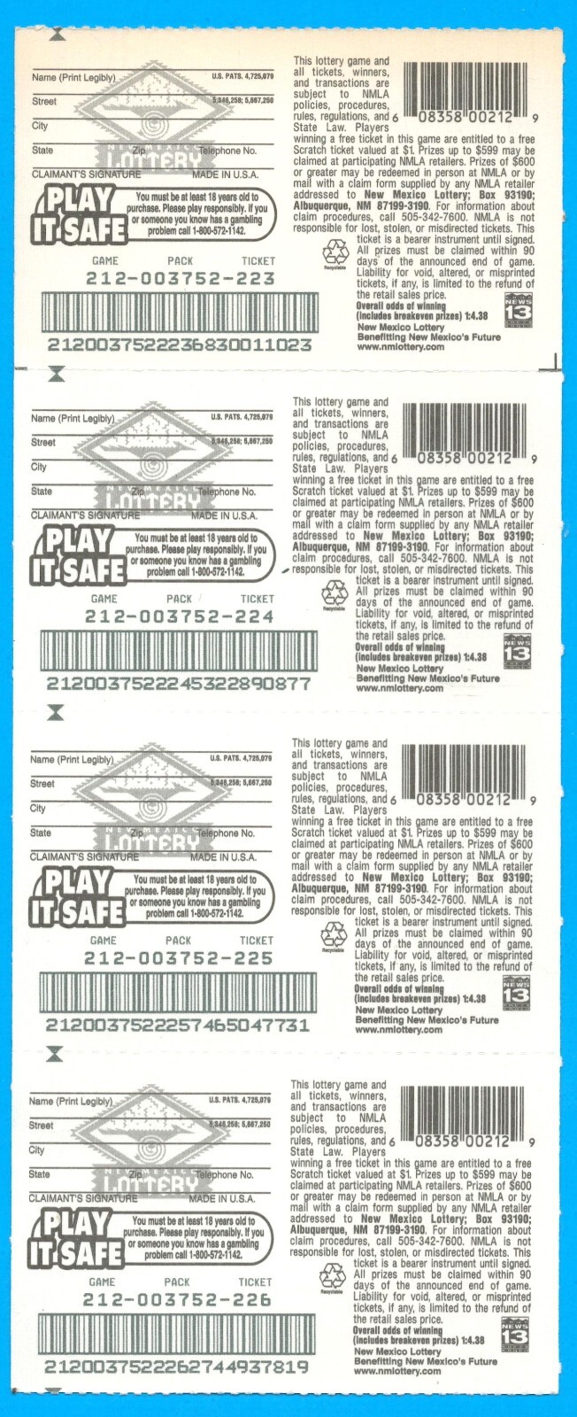New Mexico Lottery expired scratch tickets HIGH CARD vintage set of 4 circa 1999
