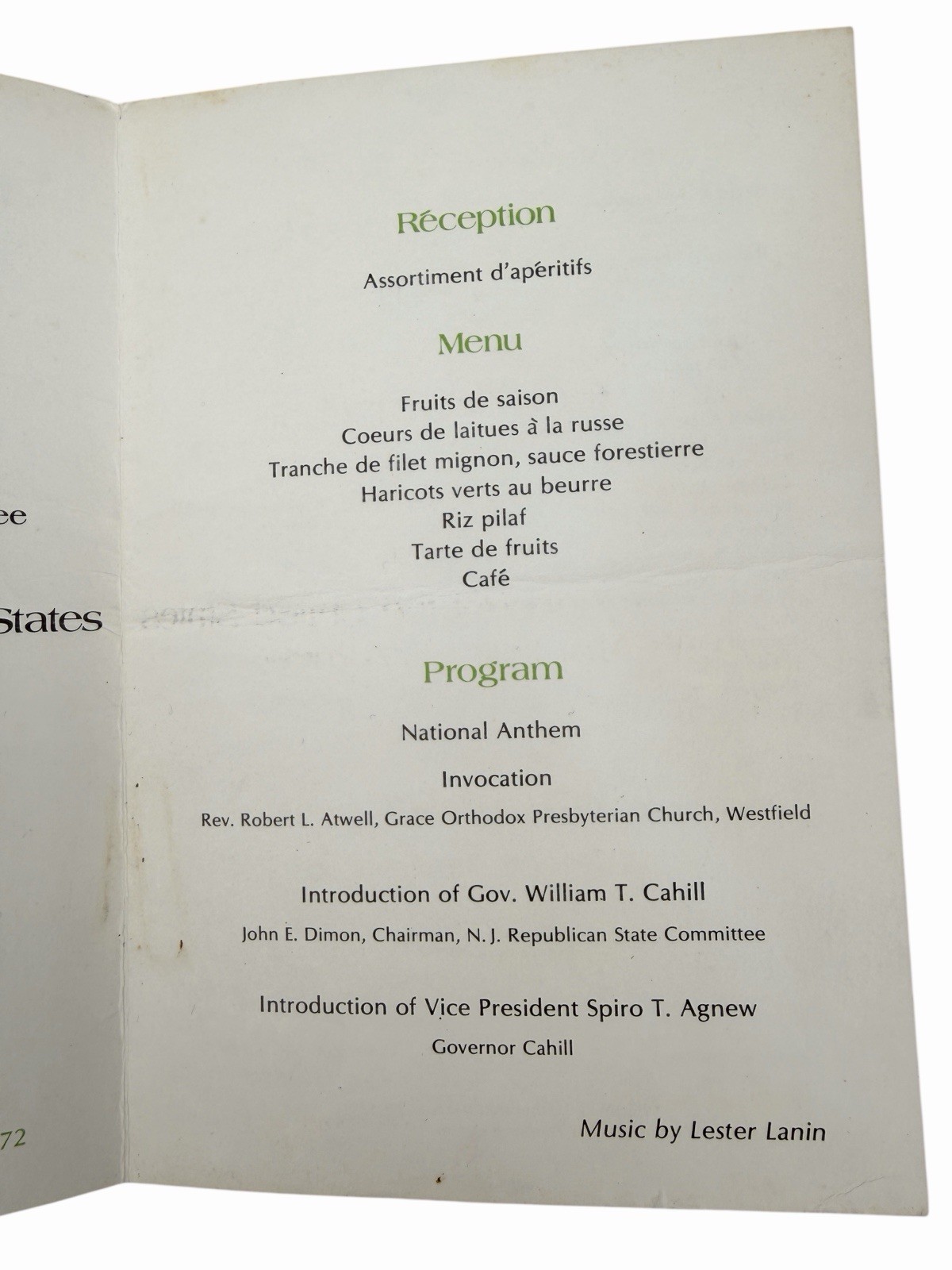1974 NJ Republican Committee VICE PRESIDENT SPIRO AGNEW Dinner Program Menu