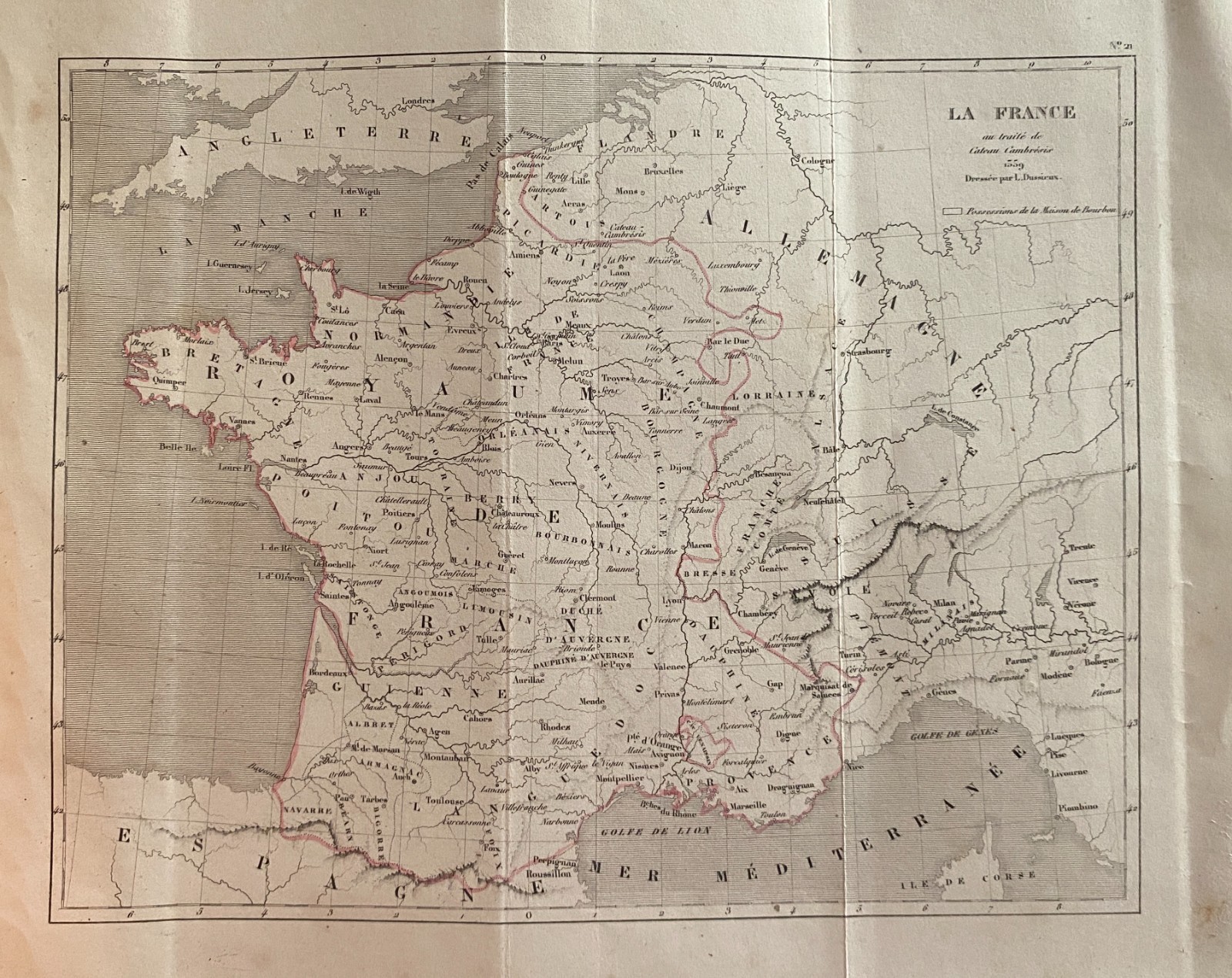 Engraving France 1840 “Map Of France Treaty Of Cateau Cambresis 1559”