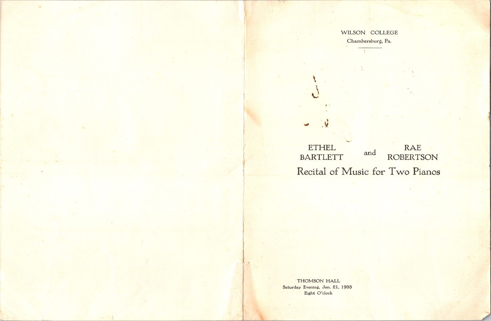 1933 Wilson College Bartlett-Robertson Two-Piano Program Thomson Hall Foxing
