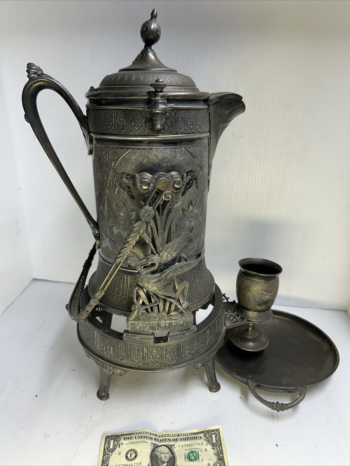 Reed & Barton Tilting Water 1923 Pitcher Patent 1880 W/ Cup Porcelain Lined