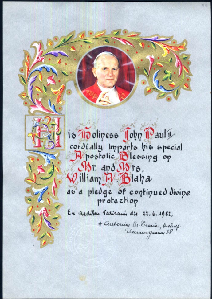 His Holiness Pope John Paul II Apostolic Blessing gilt embossed certificate 1982