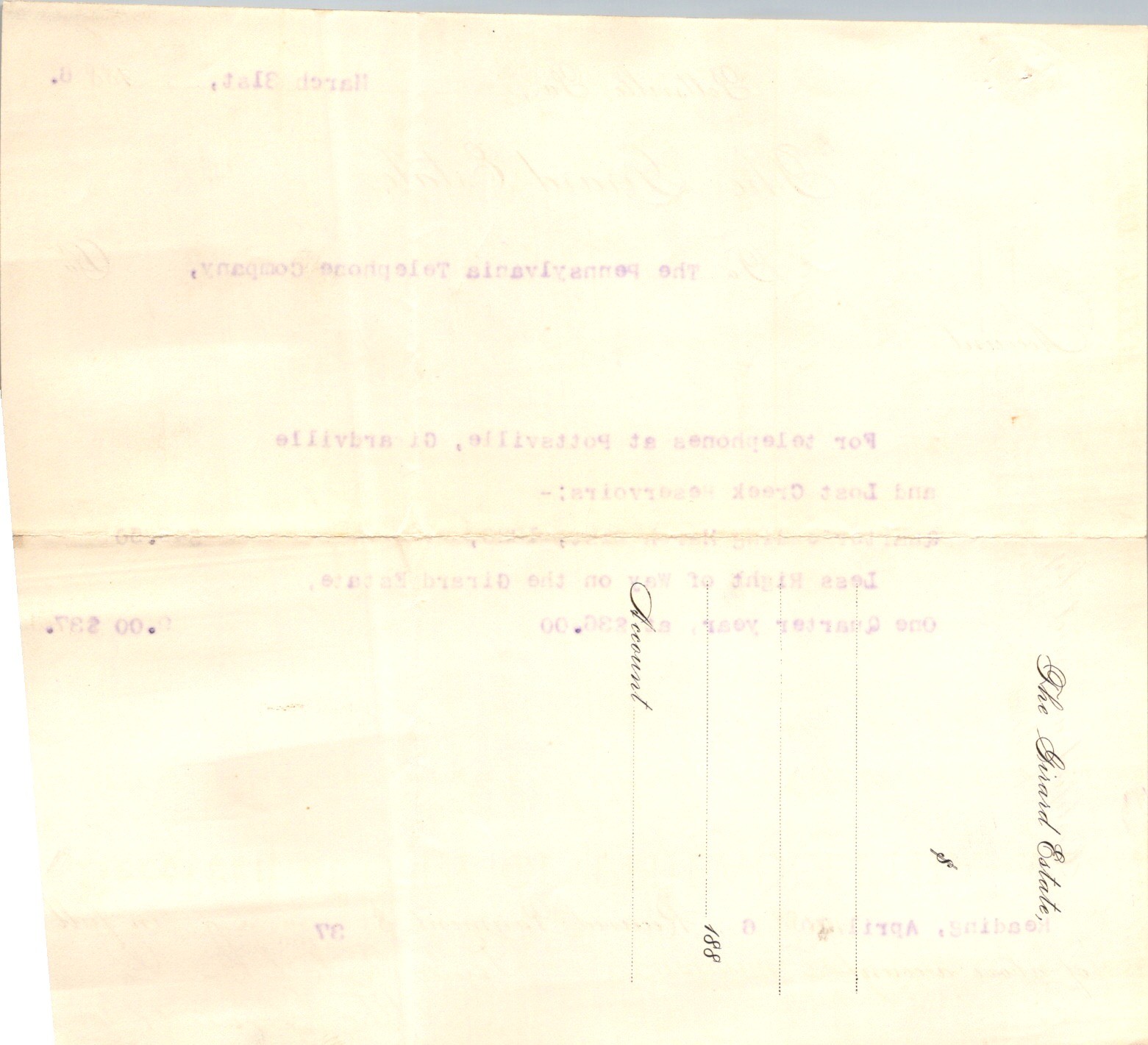 1886 Pennsylvania Telephone Company Invoice Girard Estate Pottsville Receipt