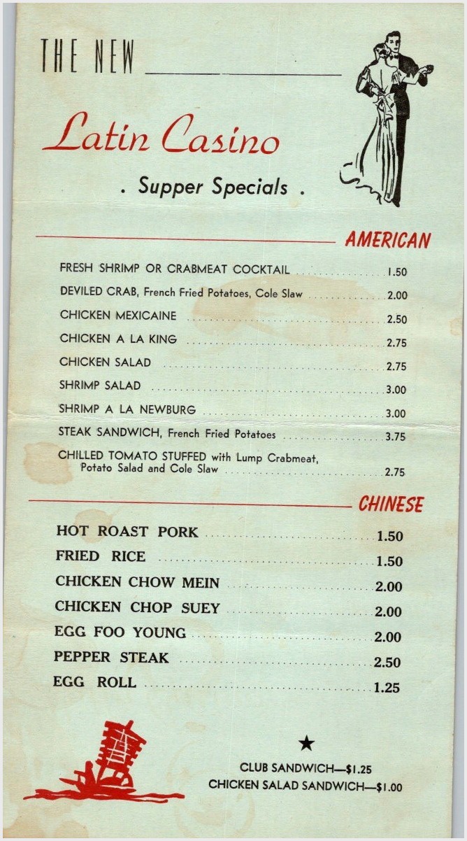 The New Latin Casino Supper Menu American Chinese Cuisine 1950s Typography