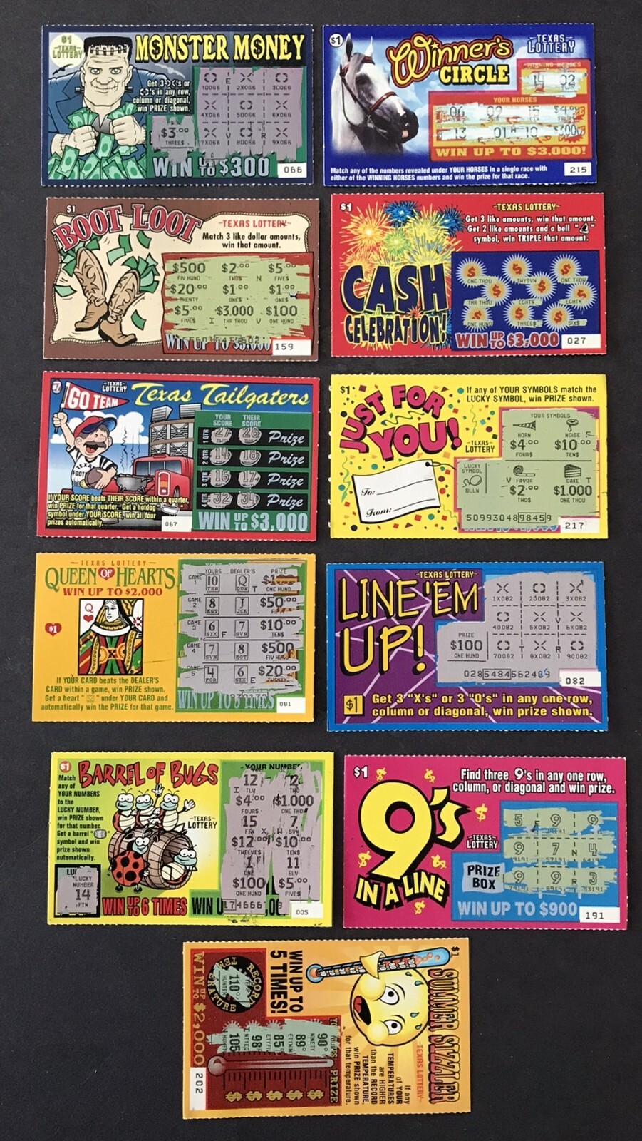 Texas Instant Lottery Tickets, from 1980s- early 2000s , Lot Scr2 no cash value