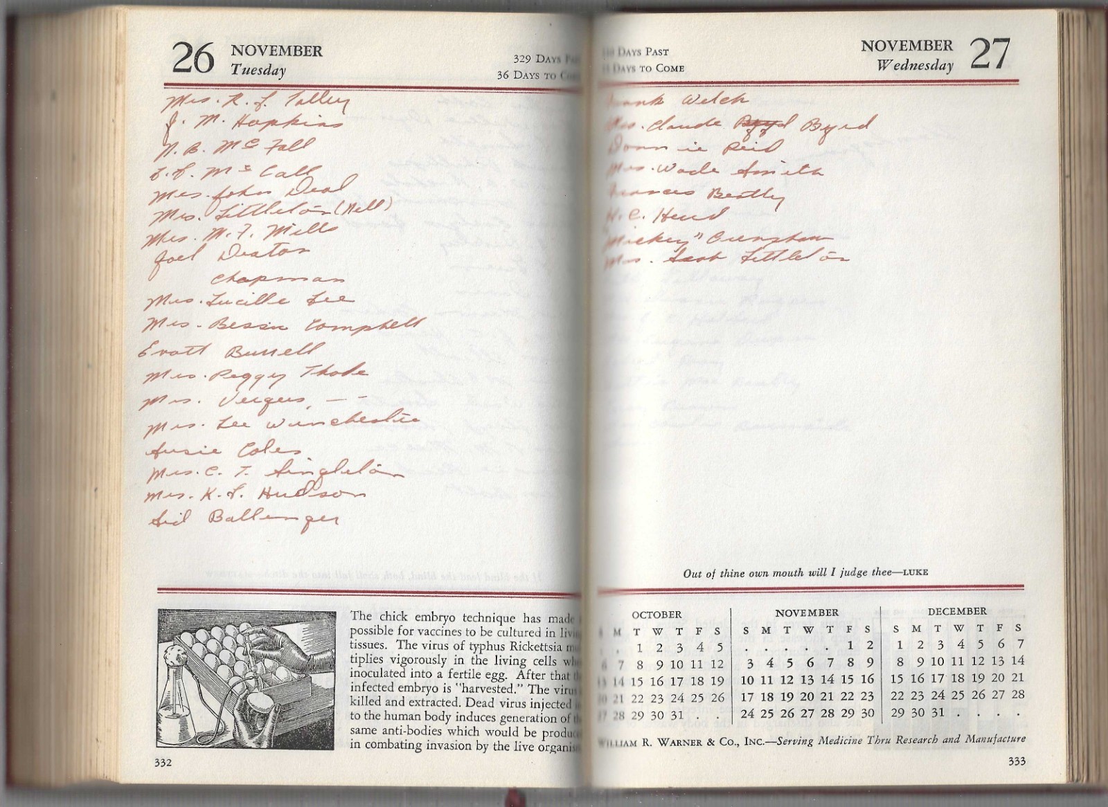 1946 WARNER’S CALENDAR OF MEDICAL HISTORY For The Use Of The Medical Profession