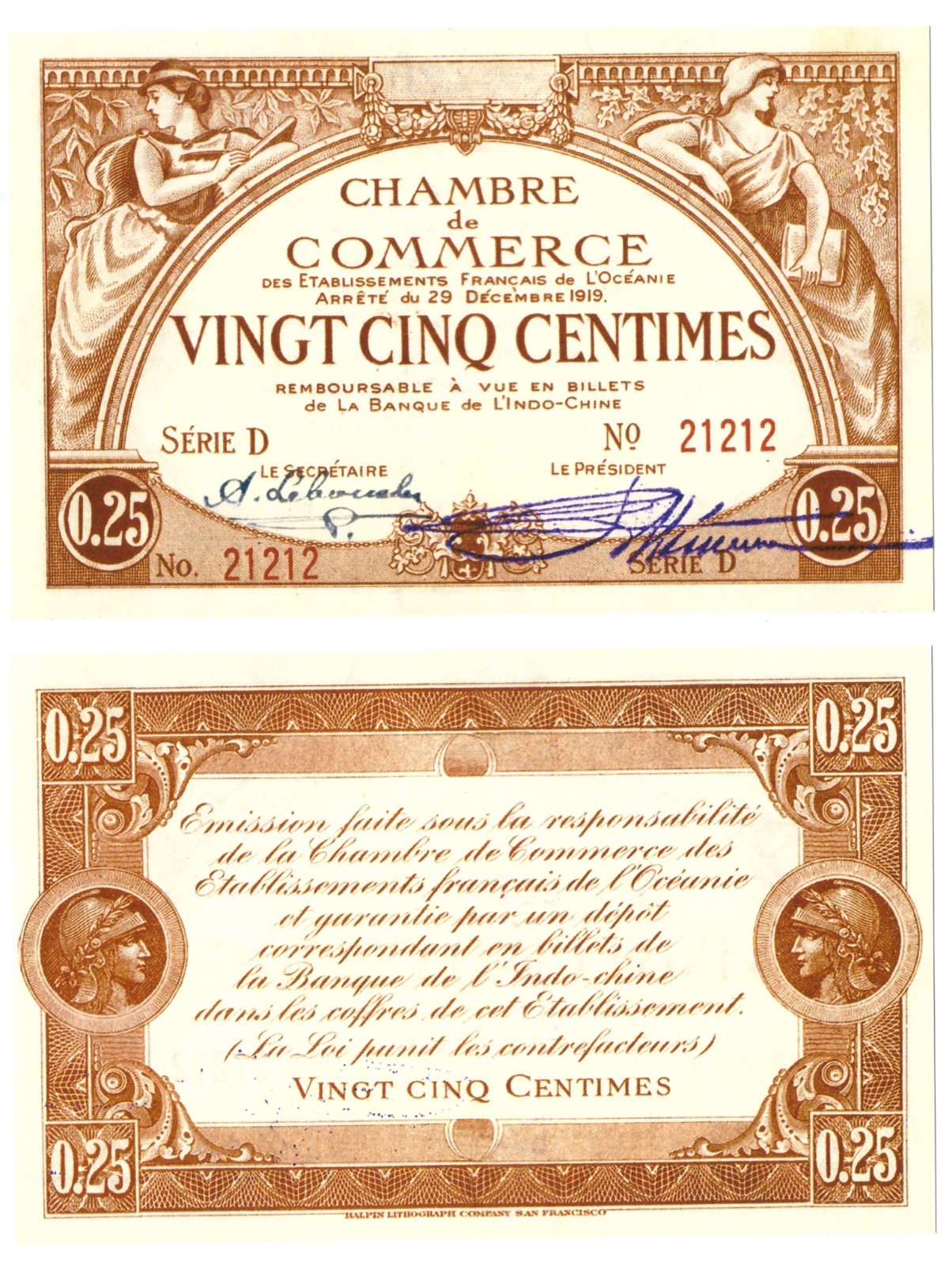 u Reproduction Note French Oceania 25 Centimes 1919 Pick #1 1596R