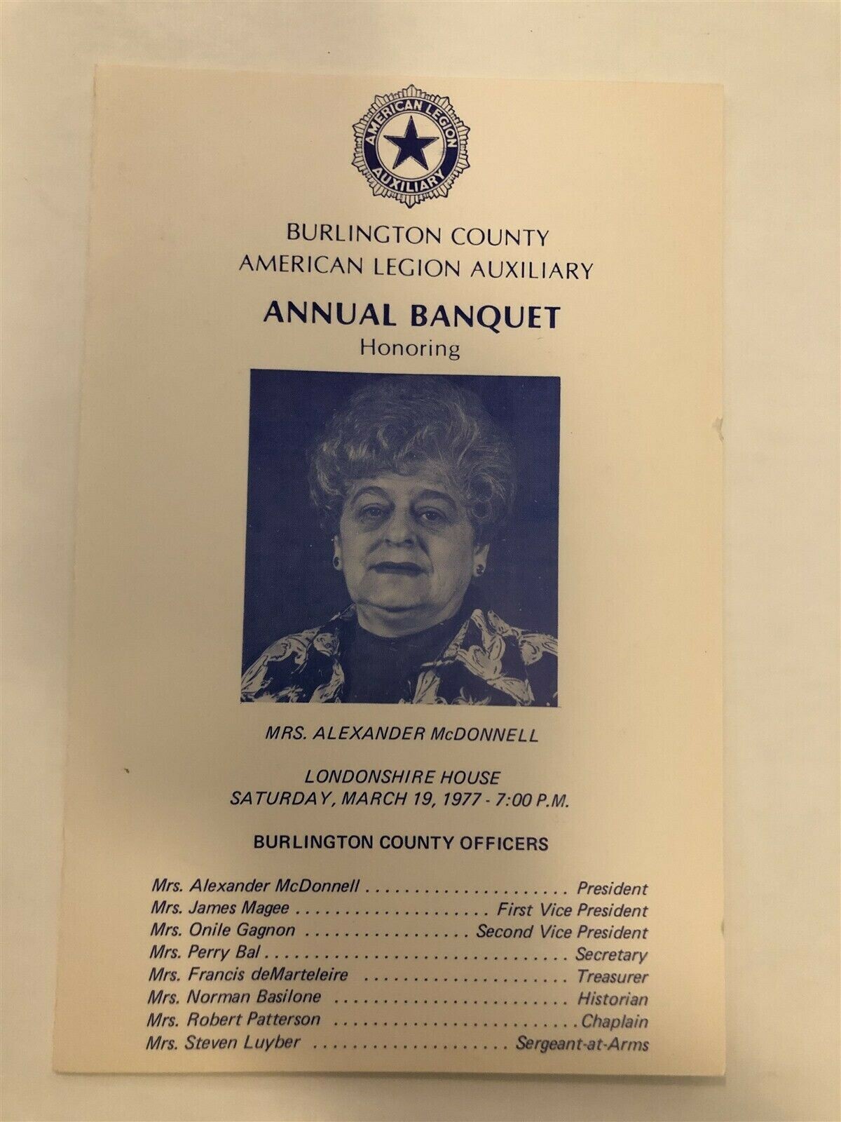 1977 Burlington County American Legion Auxiliary Annual Banquet Program NJ Vtg