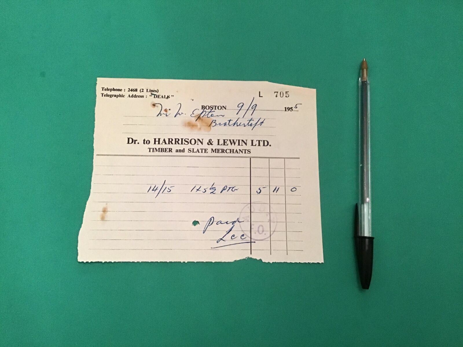 Harrison & Lewis Ltd Timber & Slate Merchants Boston 1955 receipt R36766