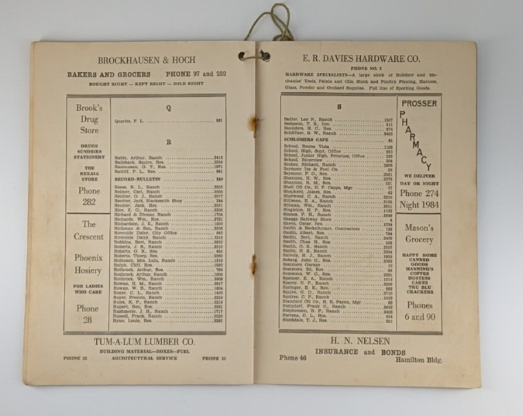 Telephone Directory Prosser Byron Paterson Washington October 1928 Vintage