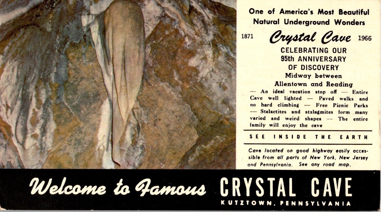 Crystal Cave Postcard & Brochure 1966 Kutztown PA Stalactites Roadside Americana