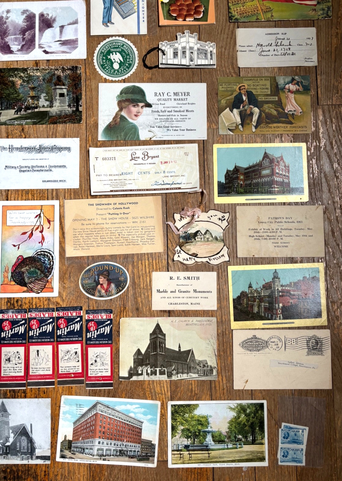 Big Vintage Paper Lot w/ Bridge Tally Cards, Postcards, Labels, Advertising +