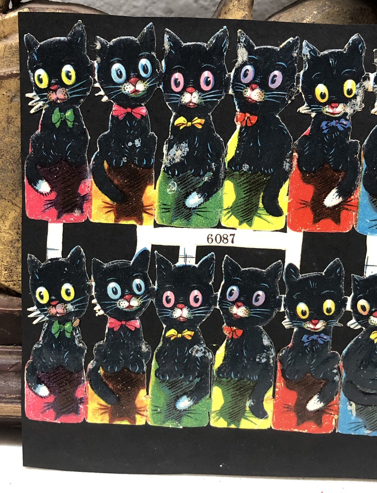 Black Cats & Cats in Basket Die Cut Scraps Glued on Paper Double Sided L4