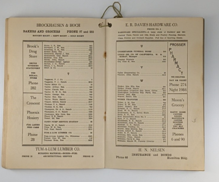 Telephone Directory Prosser Byron Paterson Washington October 1928 Vintage