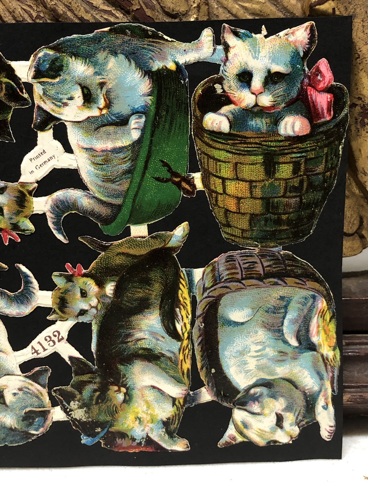 Black Cats & Cats in Basket Die Cut Scraps Glued on Paper Double Sided L4