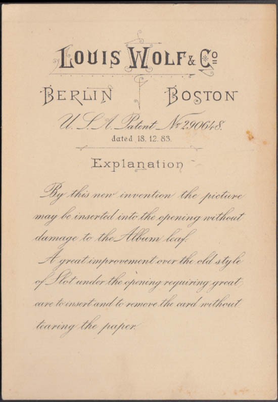Louis Wolf Patented Photograph Album Explanation Card 1883 Berlin Boston