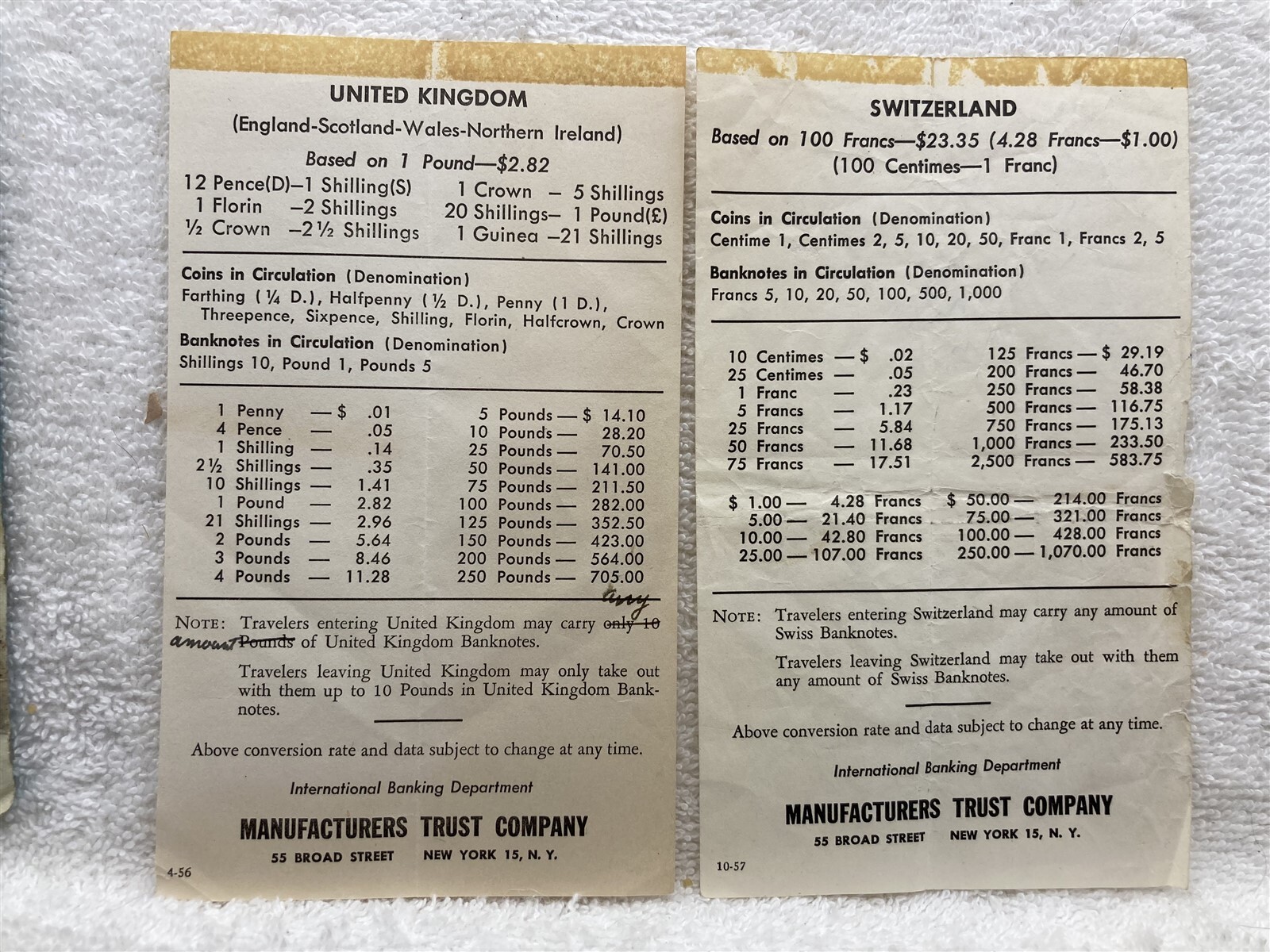 1956 1957 Manufacturers Trust Company United Kingdom Switzerland Currency Sheet