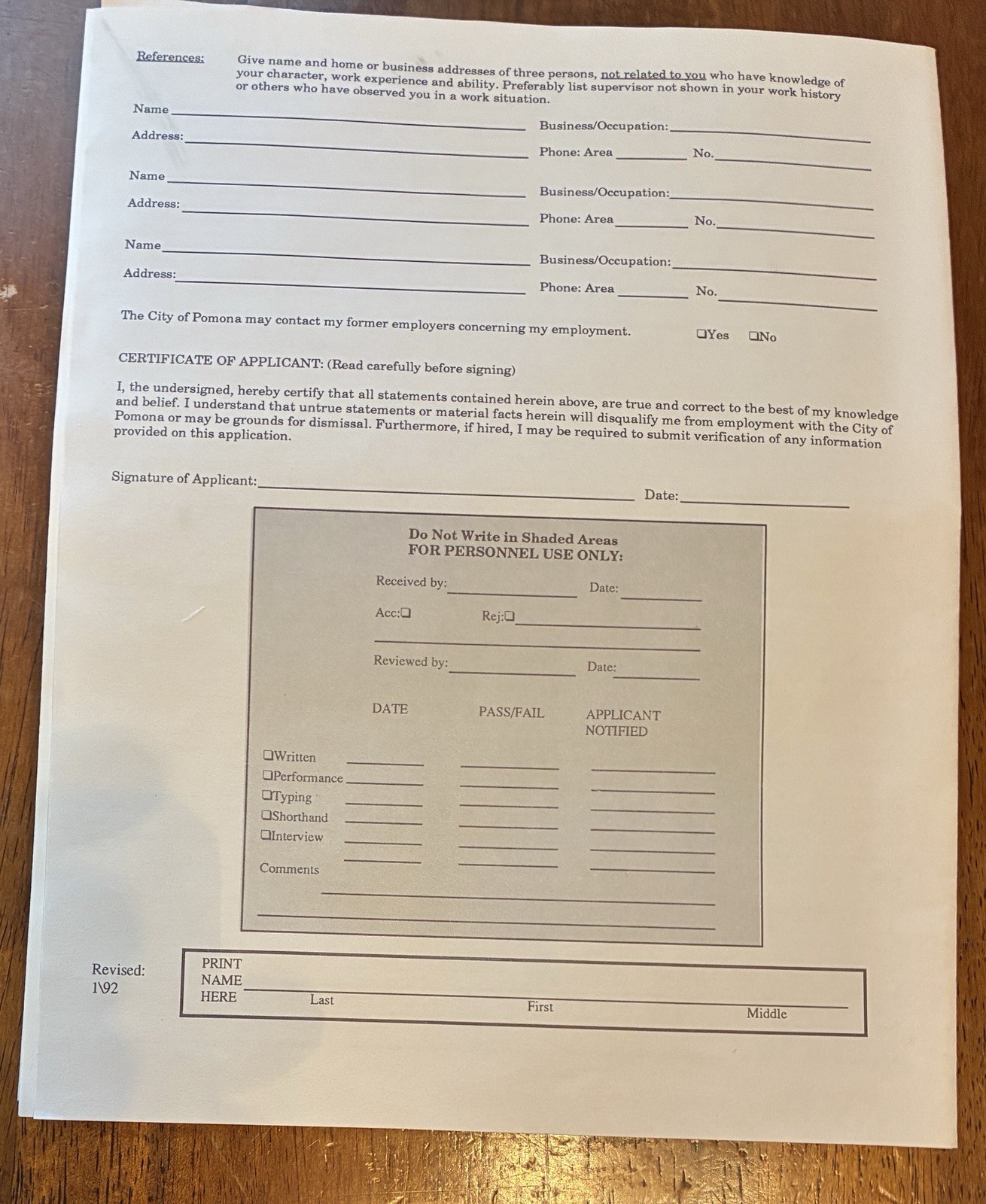 80’s City of Pomona, Ca Employment Application Original Affirmative Action Form