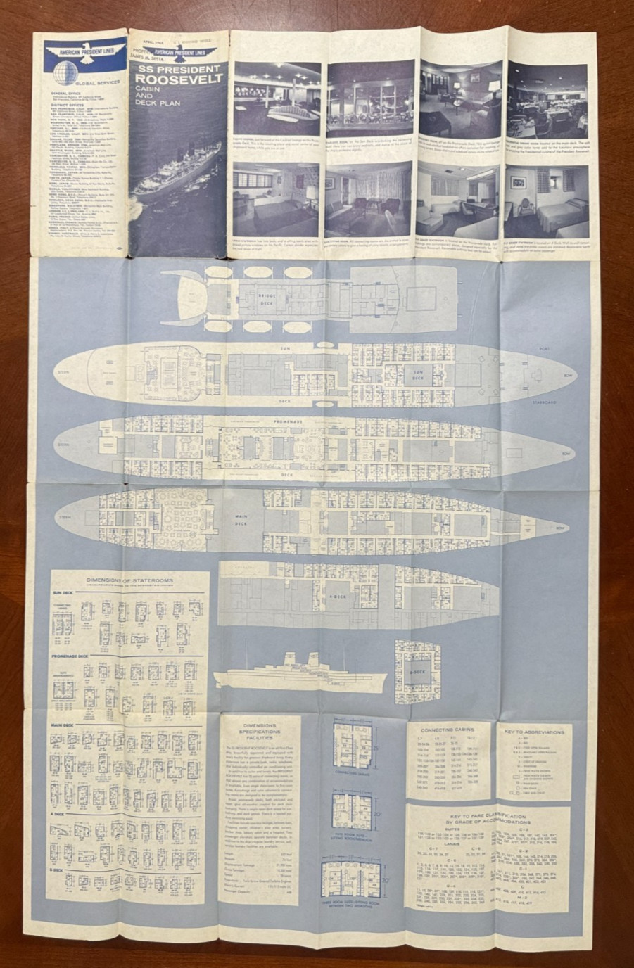AMERICAN PRESIDENT LINES S.S Roosevelt Ship Cabin & Deck Plan Brochure 1965