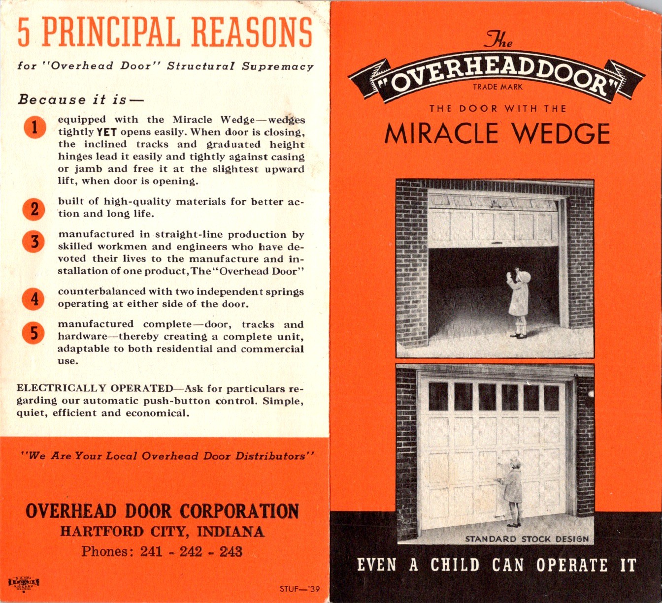 1939 Overhead Door Corp Brochure Miracle Wedge Garage Ad Indiana Orange Black