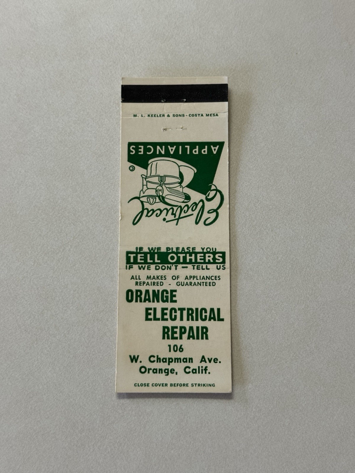 Orange Electrical Repair Orange California Vintage Matchbook Cover T