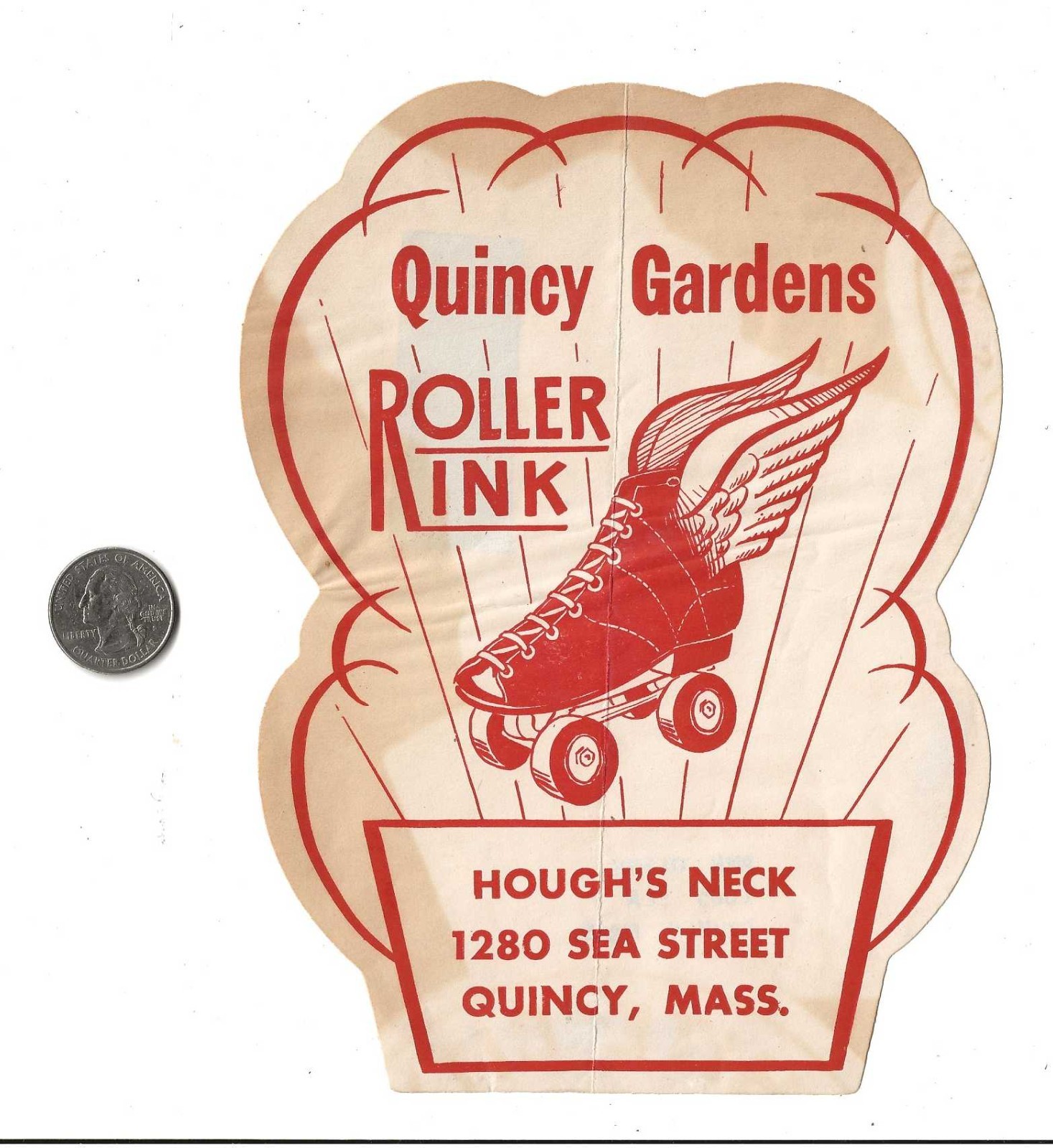 Roller Skate Rink Label Quincy Gardens Mass~7×6 in~w/Soldier address~c 1950