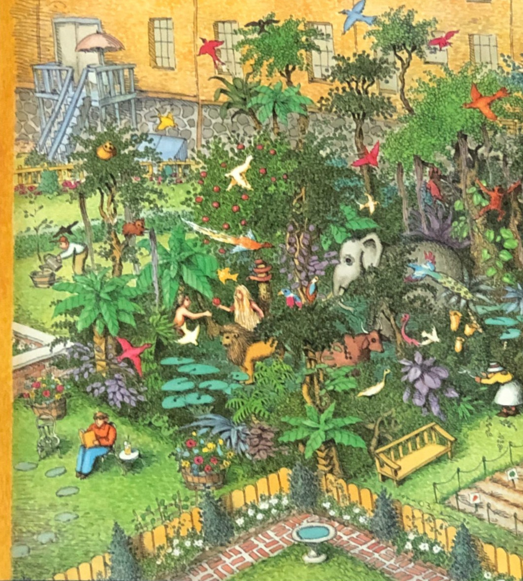 1991 New Yorker Magazine Cover Garden in Eden Adam Eve Bible Animals City Vtg