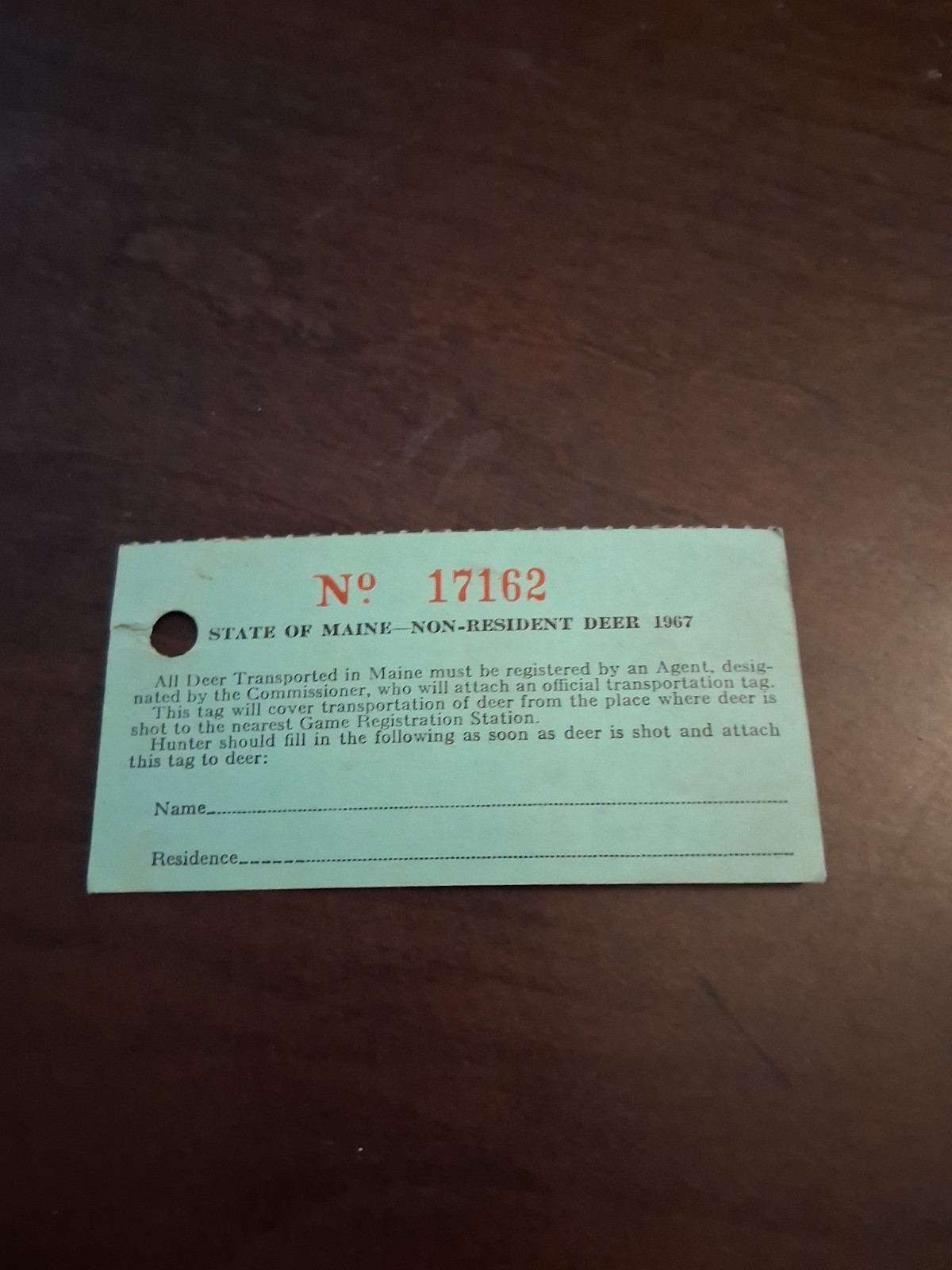 STATE OF MAINE NON RESIDENT DEER TAG 1967
