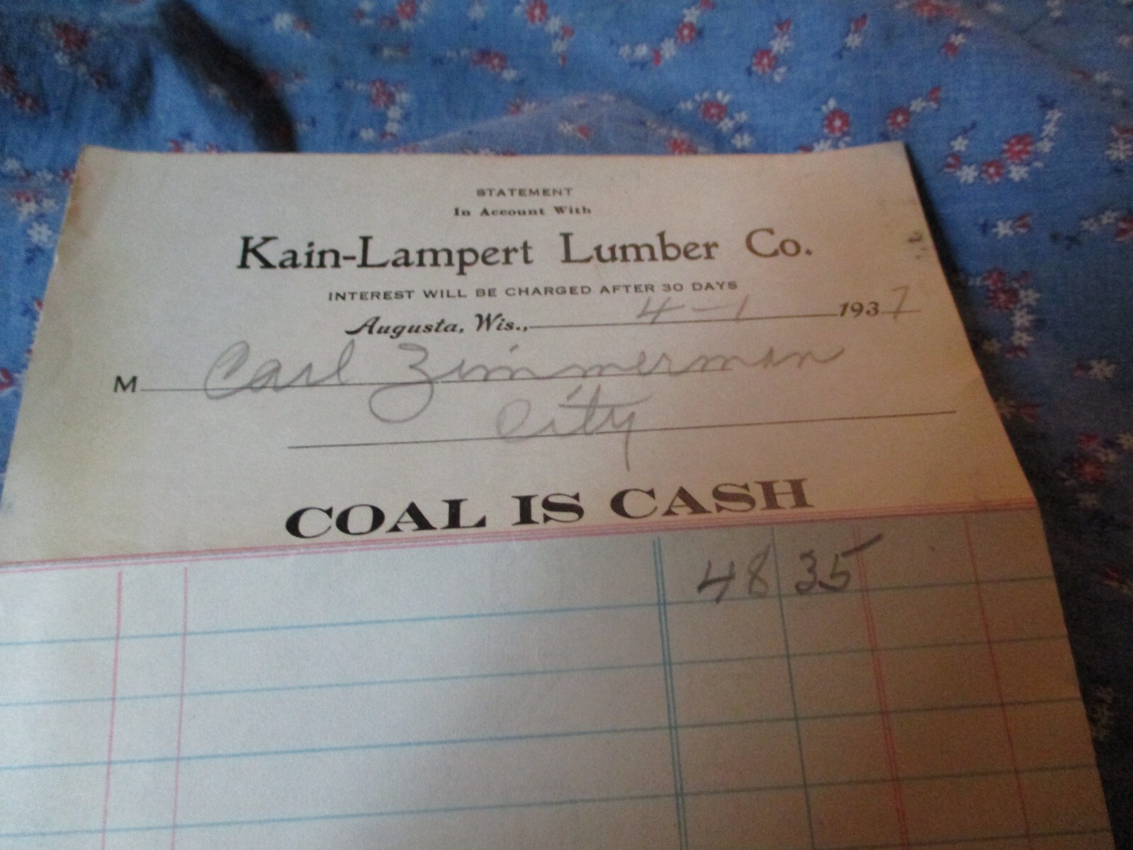 Kain-Lampert Lumber Co. Augusta Wis 1937 Statement