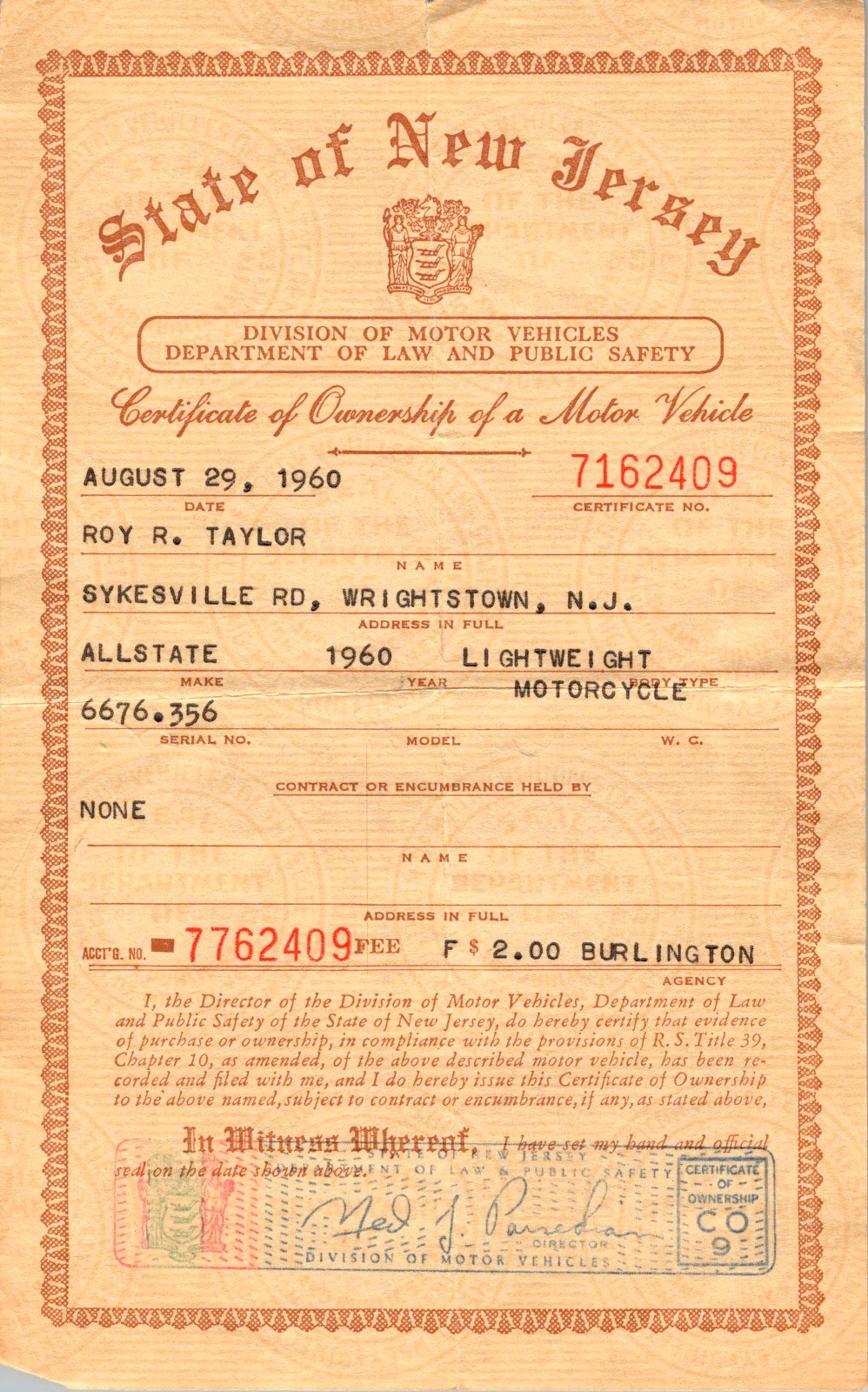 New Jersey Certificate of Ownership 1960 Allstate Motorcycle Roy R Taylor