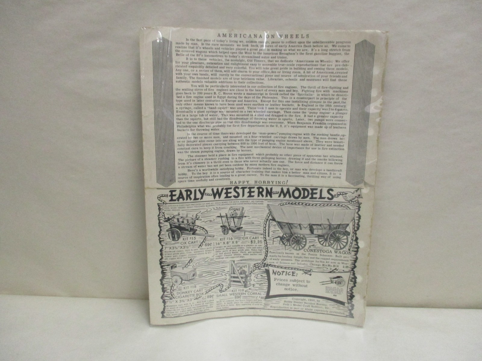 Vintage Collectible 1950 Americana On Wheels Ad Pack Craft Early Western Models