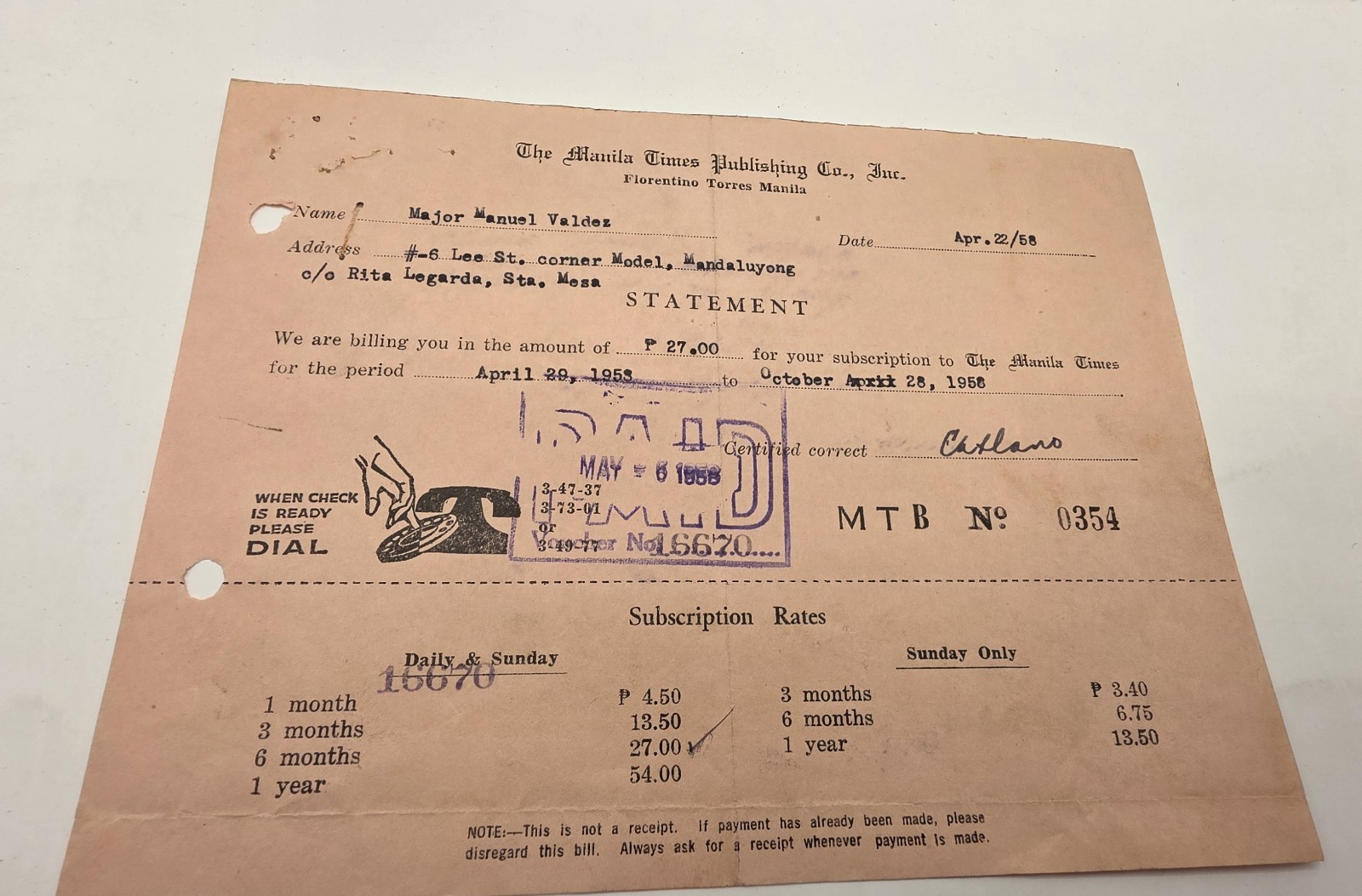 1958 The Manila Times Publishing Company Inc., Subscription Billing Statement.