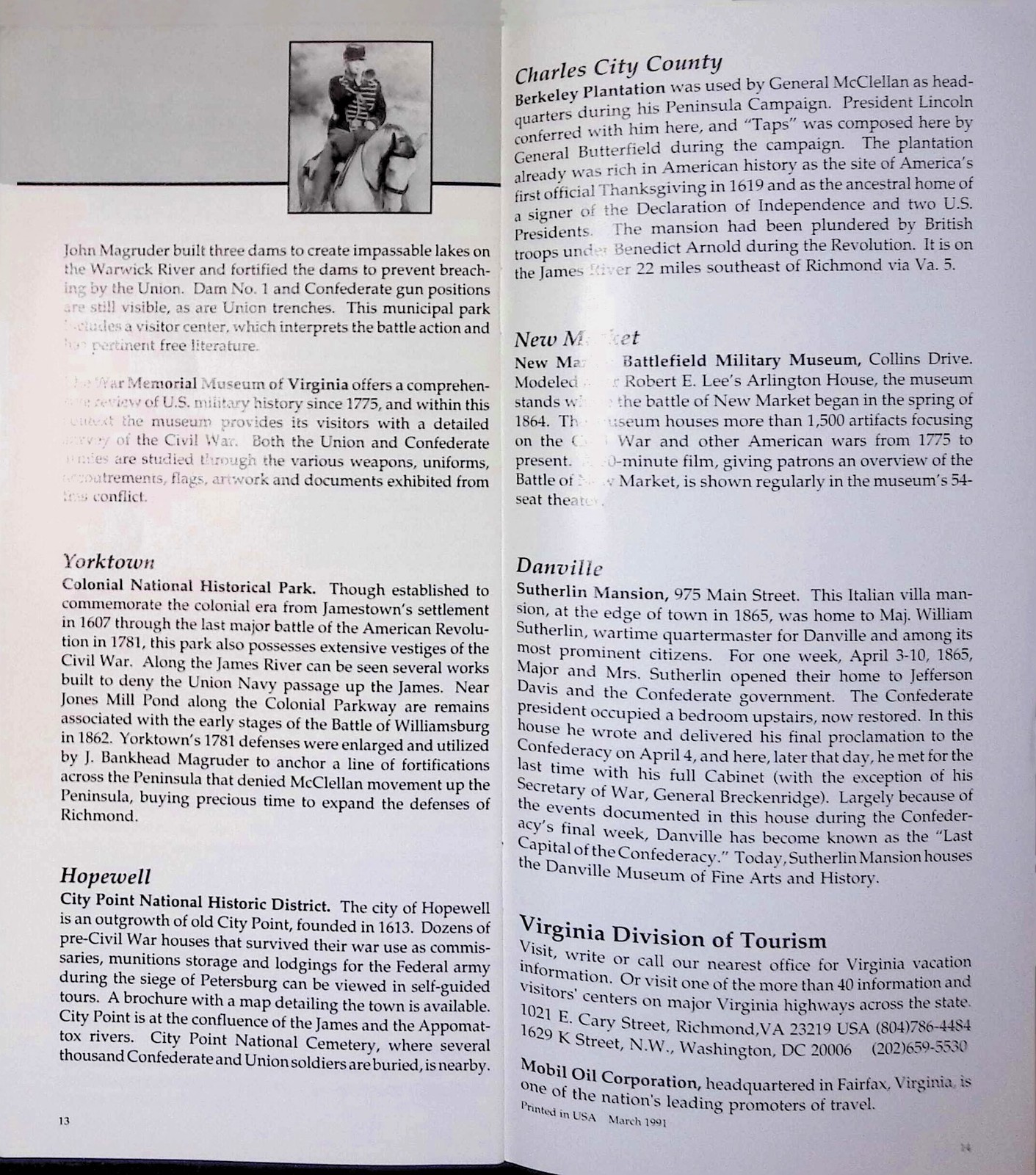 1991 VA Civil War Battlefields Guide Mobil Oil Tourism Booklet Richmond VA