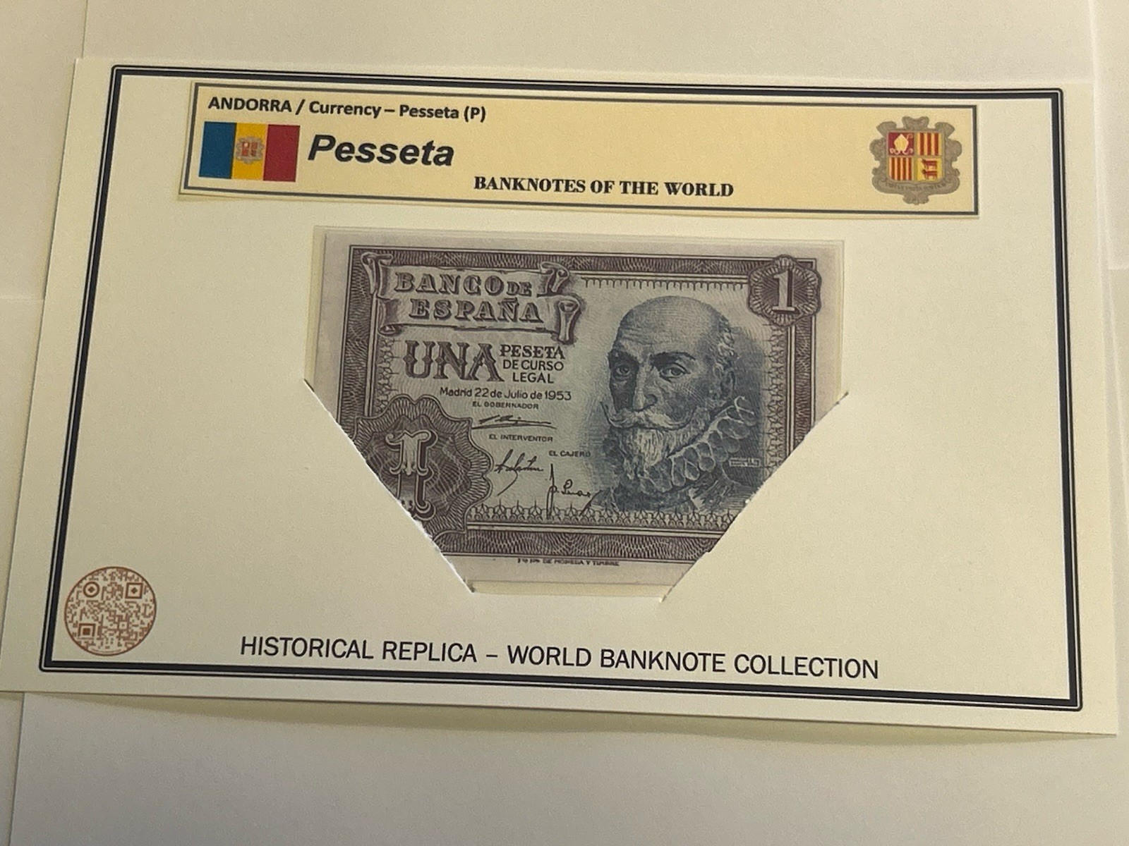 ANDORRA / LAMINATED HISTORICAL REPLICA PRINT – (P) 1 PESSETA NOTE