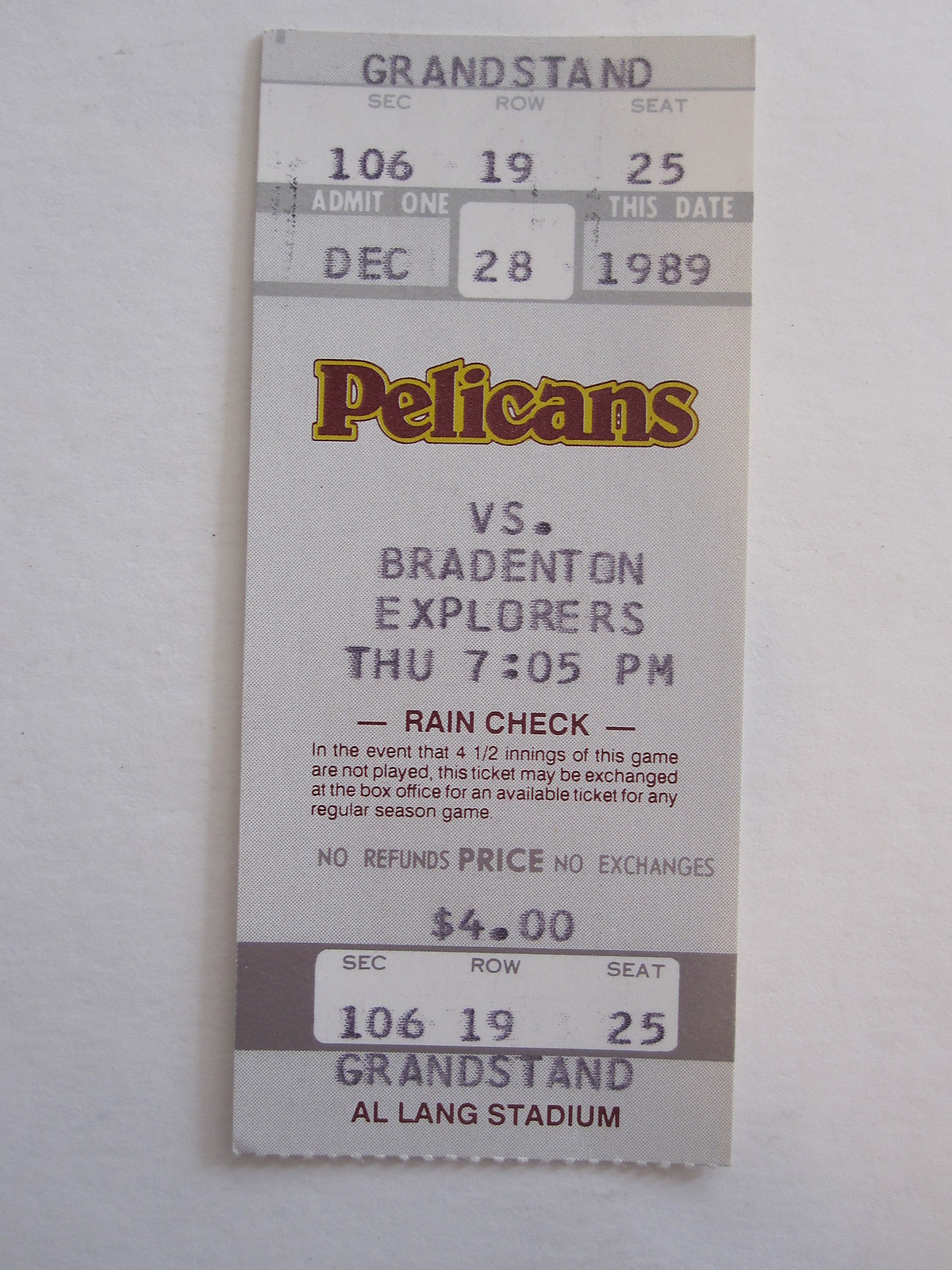 ST PETERSBURG PELICANS vs BRADENTON EXPLORERS 1989 TICKET STUB SENIOR BASEBALL