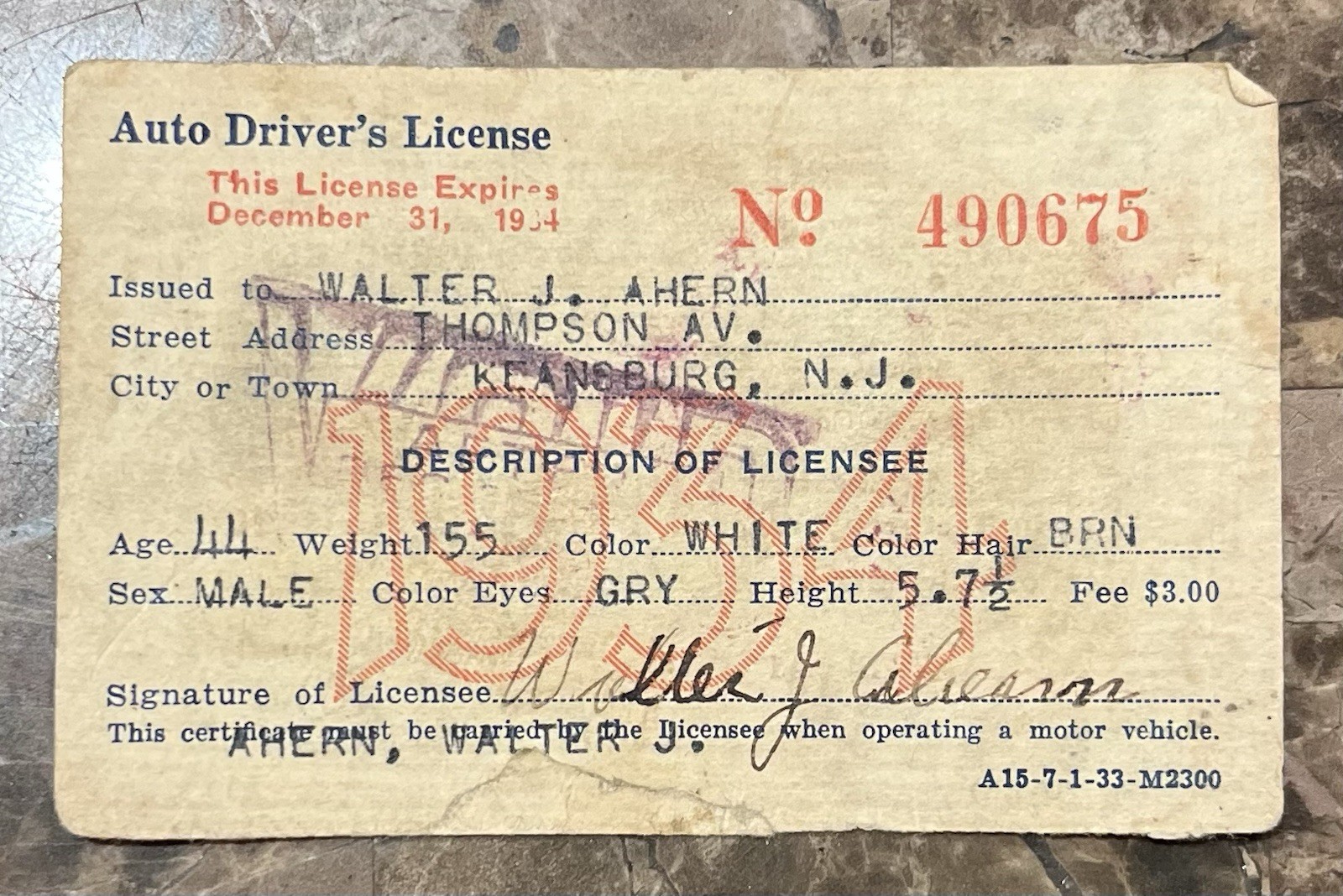 1934 New Jersey Auto Driver’s License – State of NJ Department of Motor Vehicles