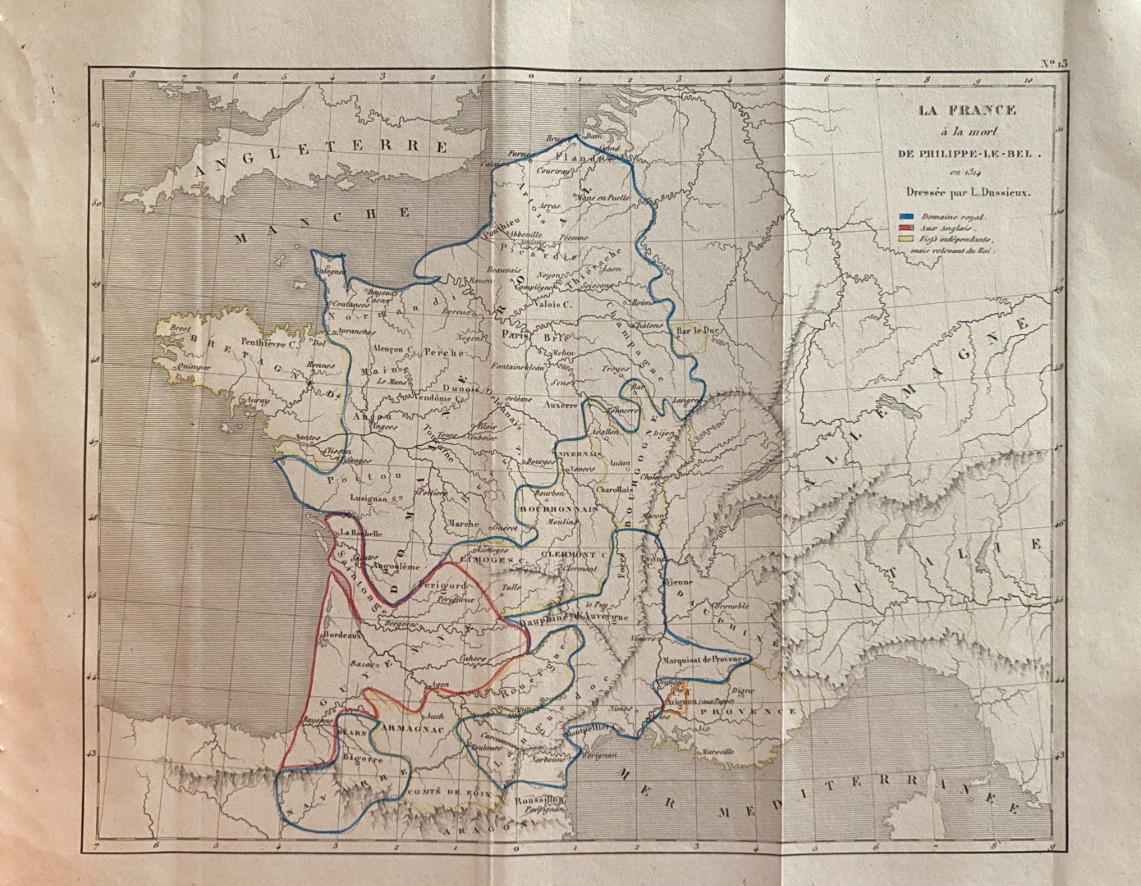 Engraving France 1840 “Map Of France At The Death Of Philippe IV The Fair”