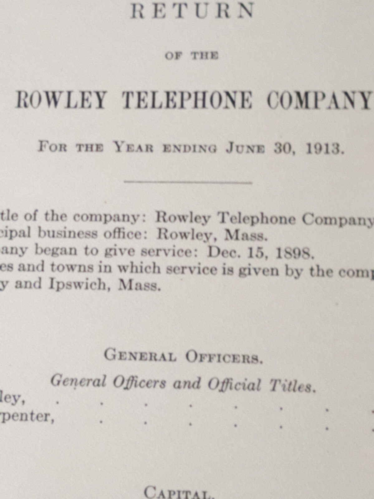 1913 report ROWLEY TELEPHONE COMPANY Massachusetts Essex County Ipswich MA