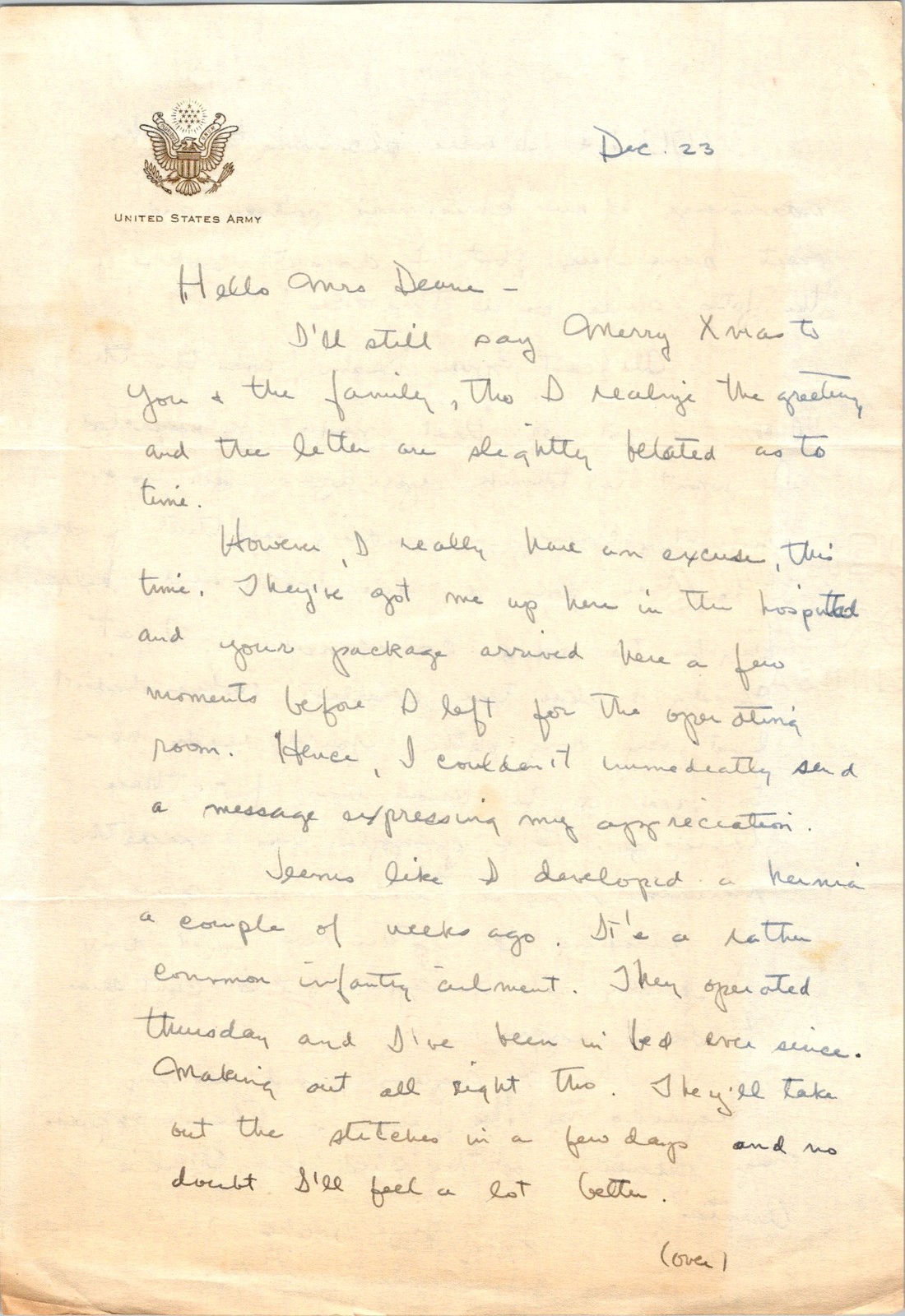 WWII Army Hospital Letter Gay to Oliver Deane 1940s Christmas Care Package