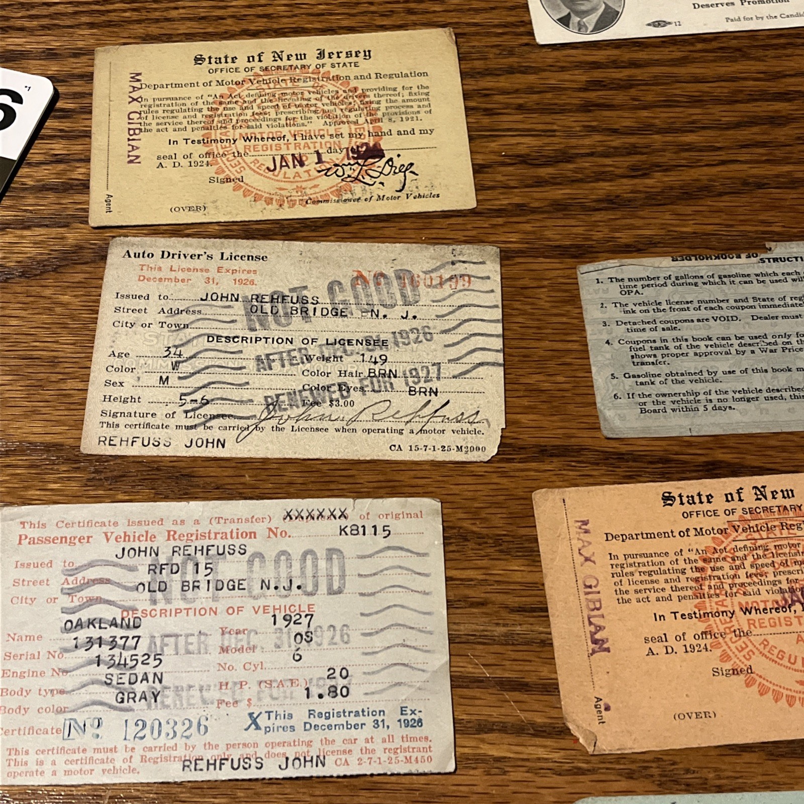 1926 New Jersey Auto Driver’s License – mix of 1920s vehicle registration