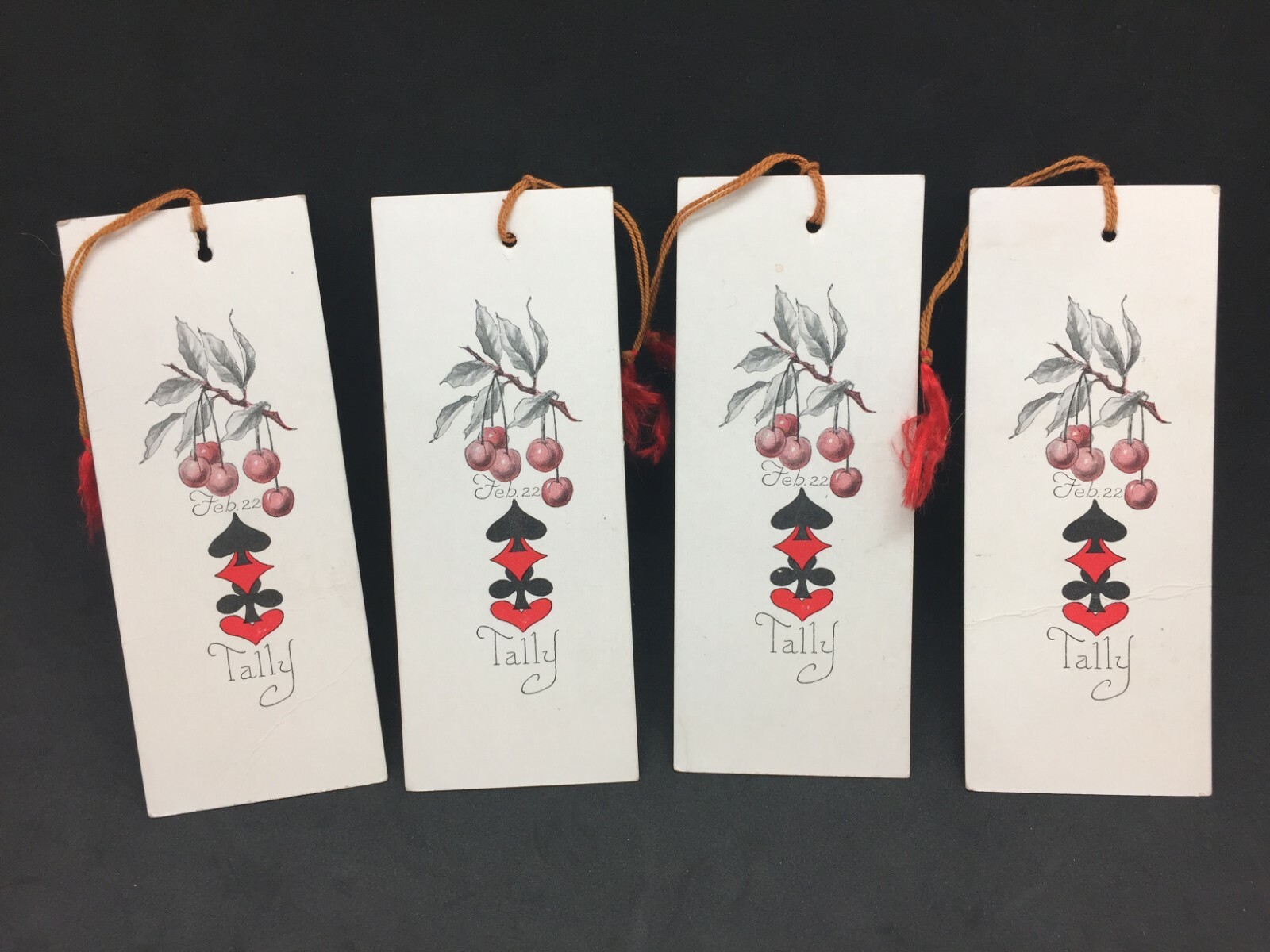 Bridge Cards Game Tally Card Lot 4 Vintage 5″x2″ Cherry Cherries Tassel Cord