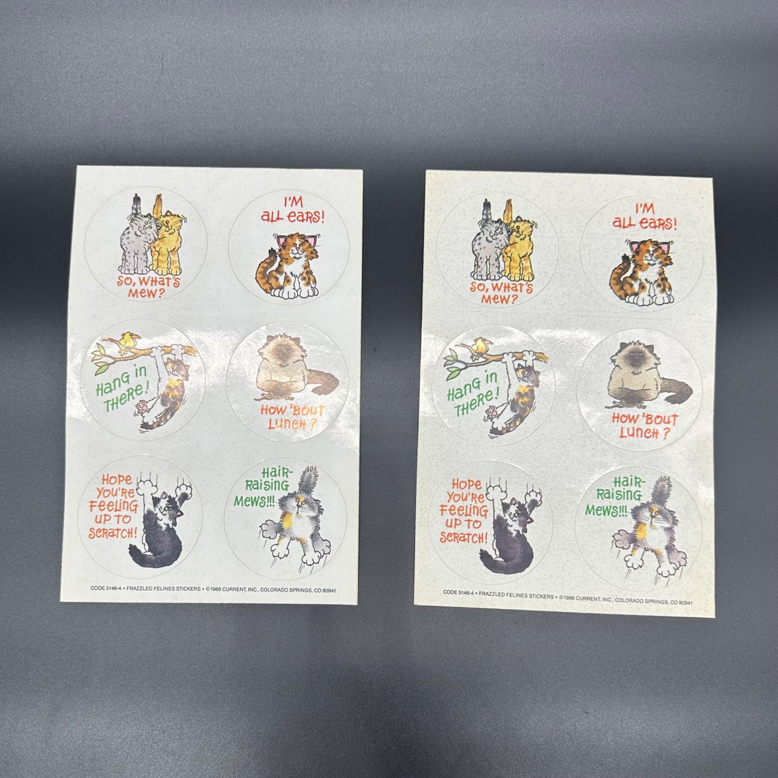 Vintage Kitty Cat Stickers Frazzled Felines 1986 Current Kitschy Humor Round 80s