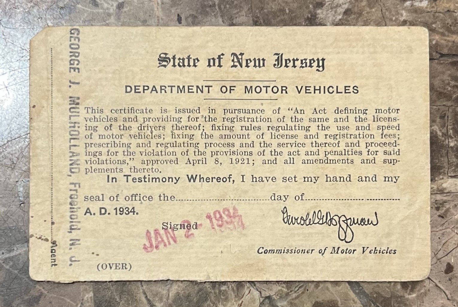 1934 New Jersey Auto Driver’s License – State of NJ Department of Motor Vehicles