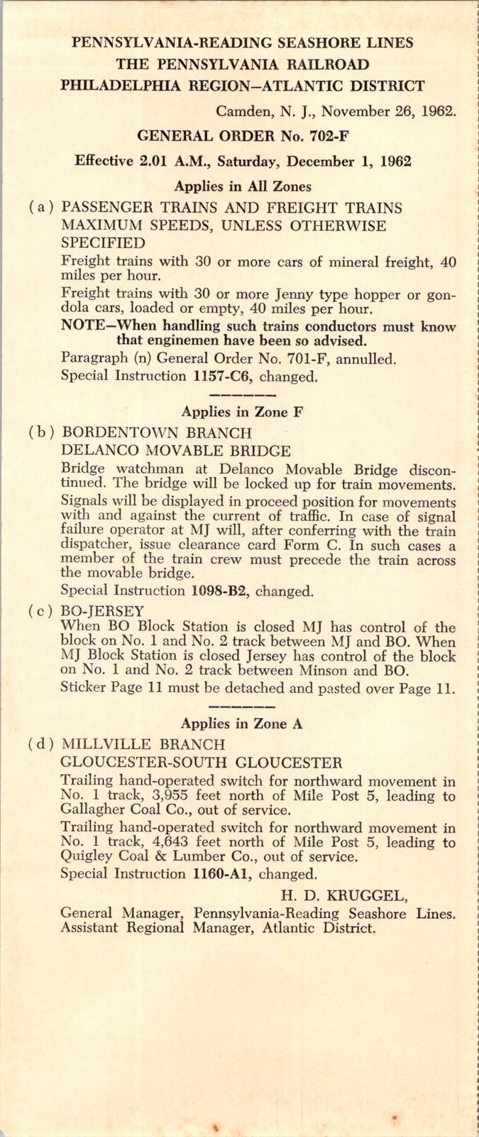 Pennsylvania-Reading Seashore Lines General Order 702-F c1910 Railroad
