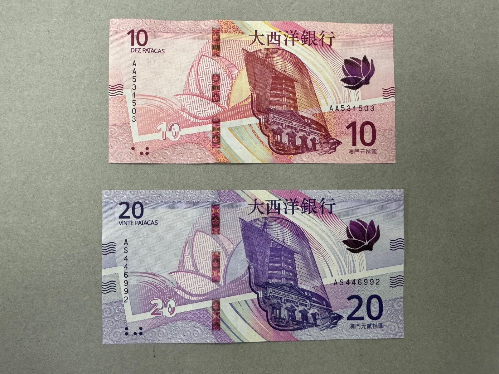 China Macau 2024 BNU Banco Nacional Ultramarino 10 & 20 Patacas Banknote UNC NEW