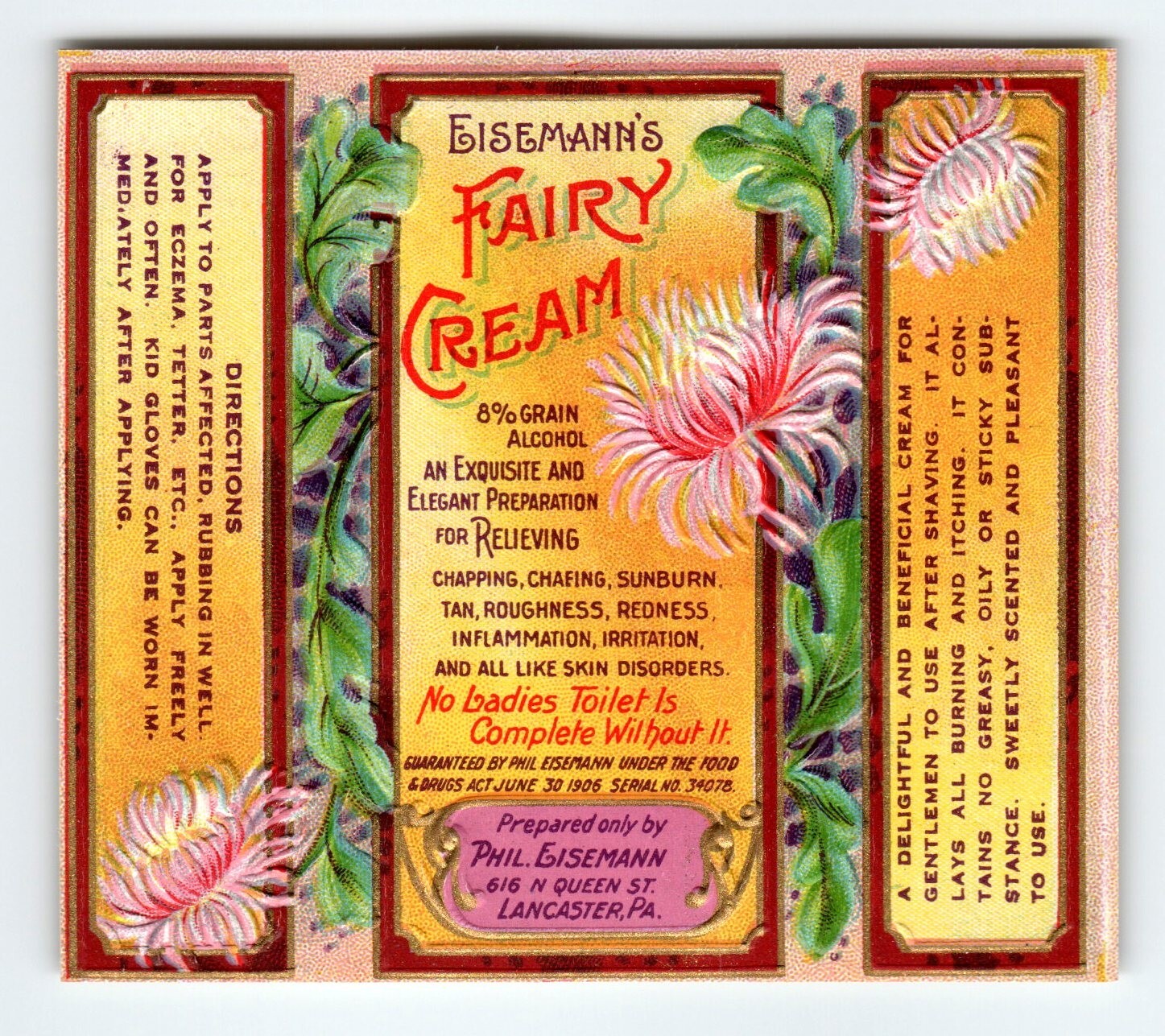 1900’s Fairy Cream Label Phil Eisemann’s Embossed Vintage Lancaster Pa Flowers