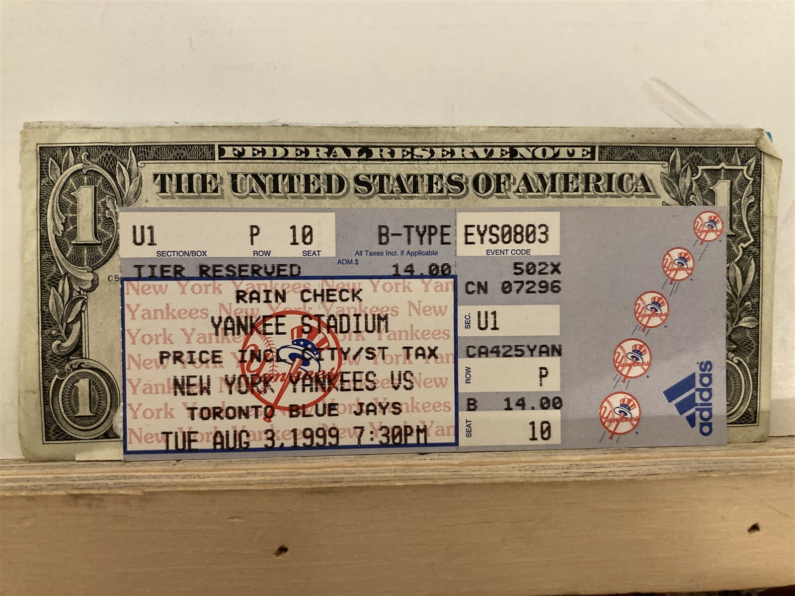 1999 New York Yankees vs Toronto Blue Jays Baseball Rain Check Ticket Vtg