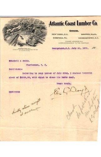 1903 Atlantic Coast Lumber Co. Letter Georgetown SC Timber Industry Ephemera