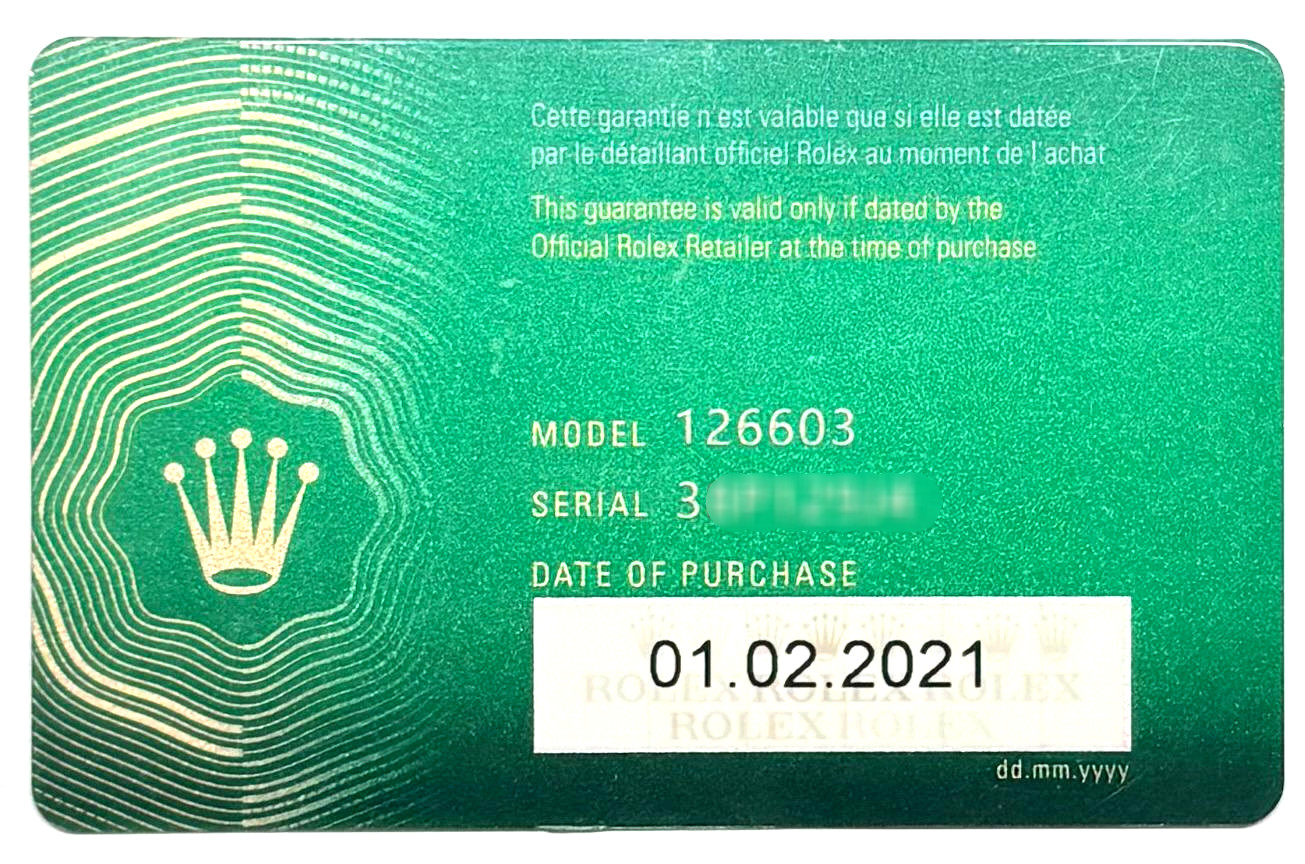 Rolex 126603 Sea-Dweller Warranty Guarantee Certificate 2021 3 Serial Cert